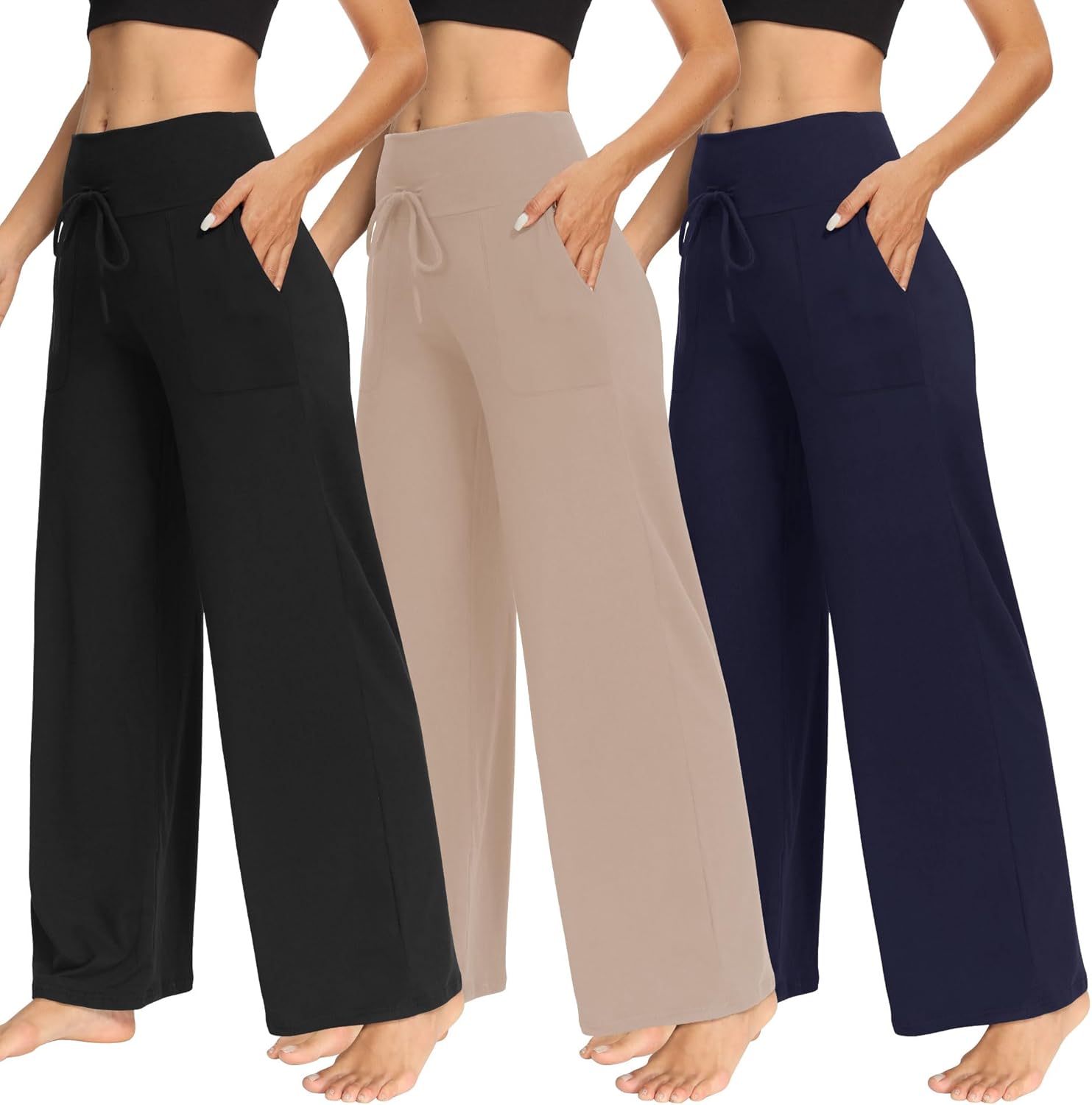 TNNZEET 3 Pack Women's Wide Leg Pants with Pockets - Casual Loose Yoga Trouser Pants Sweatpants Palazzo Lounge Pajama Pants