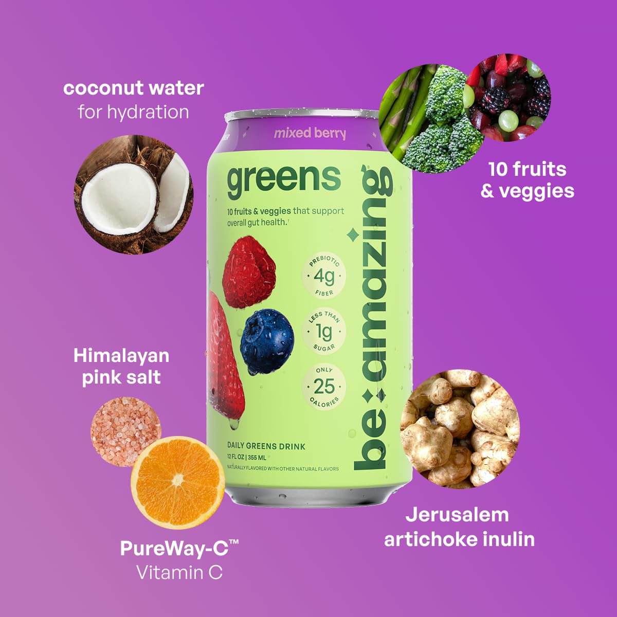 Be Amazing Greens Drink, Mixed Berry, Vitamin Drinks With 10 Organic Fruits and Vegetables, Coconut Water, Vitamin C, and Prebiotic Fiber, 25 Calories, Low Sugar, Vegan and Gluten Free, 8 Pack
