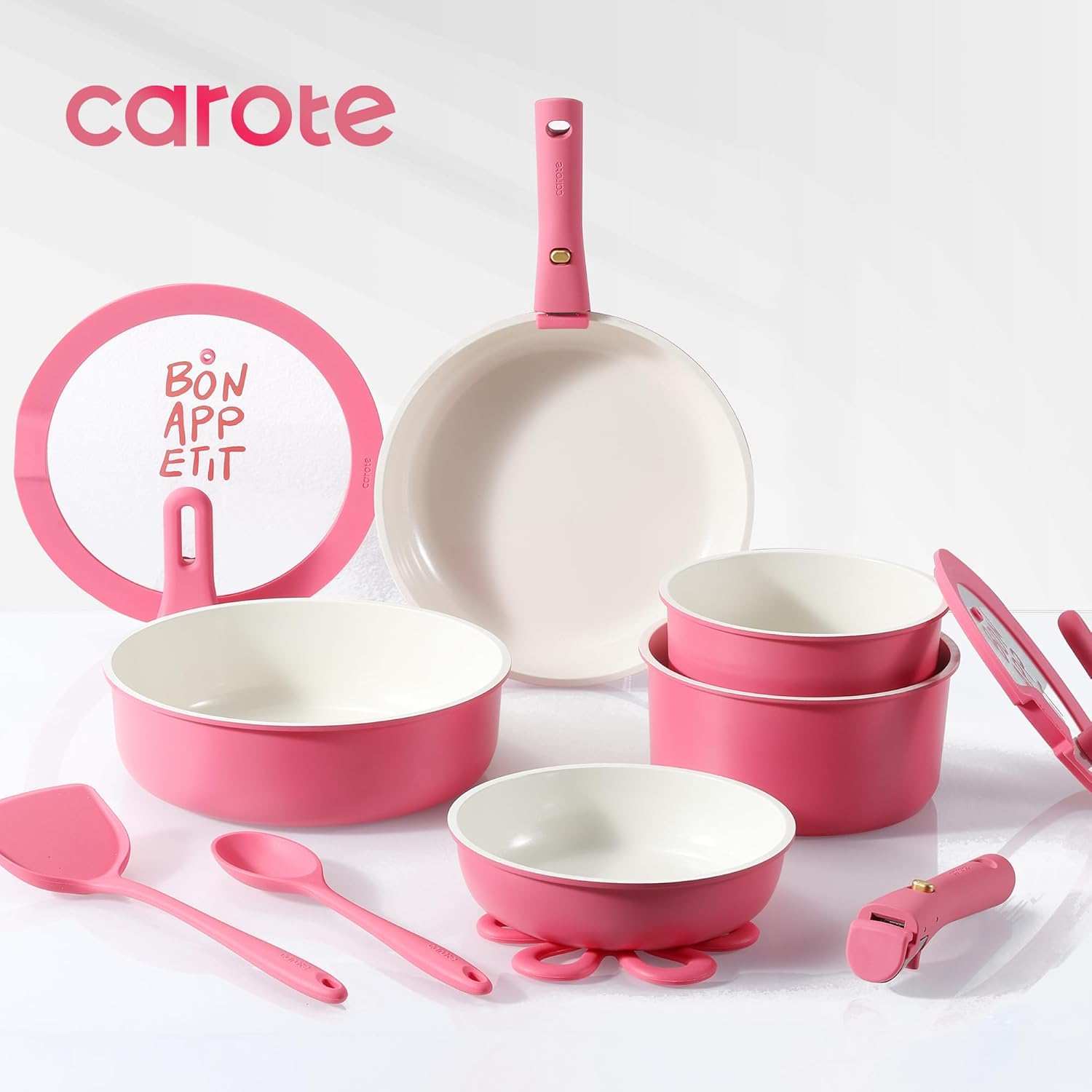 CAROTE 18Pcs Ceramic Cookware Set with Detachable Handle, Pots and Pans Set Non Stick, Non Toxic Kitchen Cooking Sets with Stand-Up Lid, PFAS and PFOA Free, Oven Safe, Induction Ready, Pink