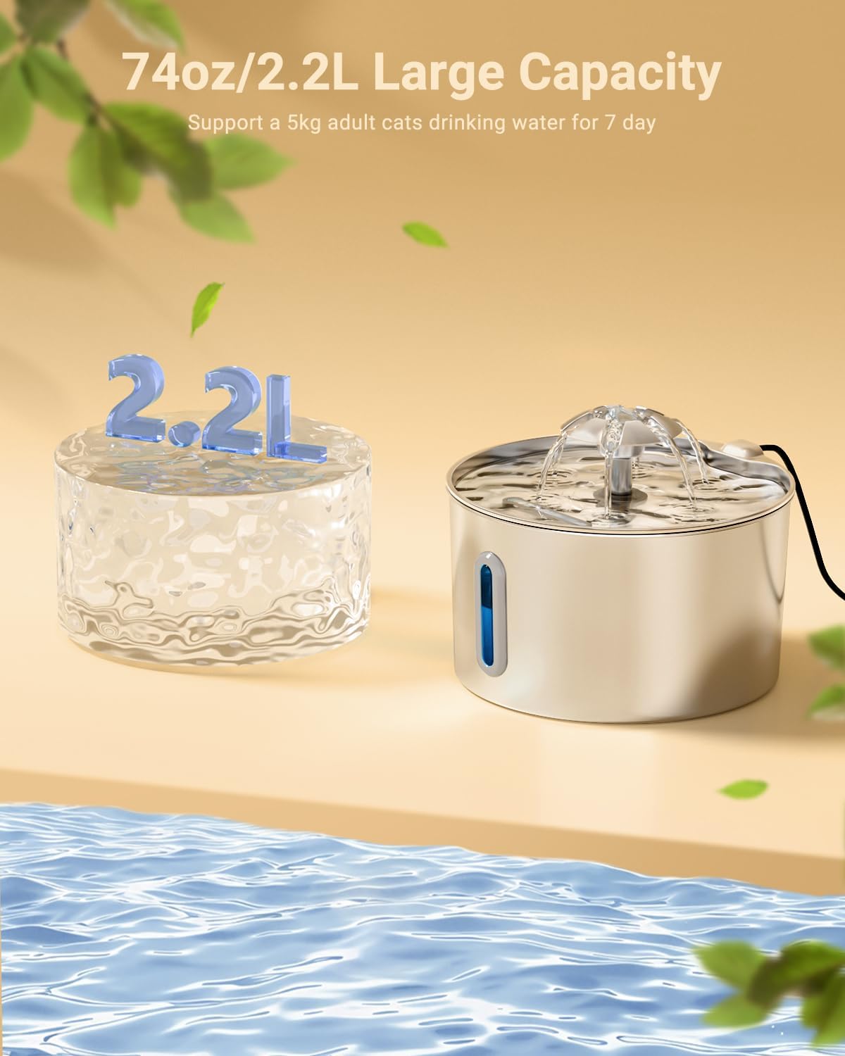 Cat Water Fountain Stainless Steel - 74oz/2.2L Pet Gift Dog Water Dispenser Automatic Silent Cats Dispenser for Drinking Indoor Metal Kitty Spout Fountains with 3 Filters & 3 Sponges Cat Dogs Gifts