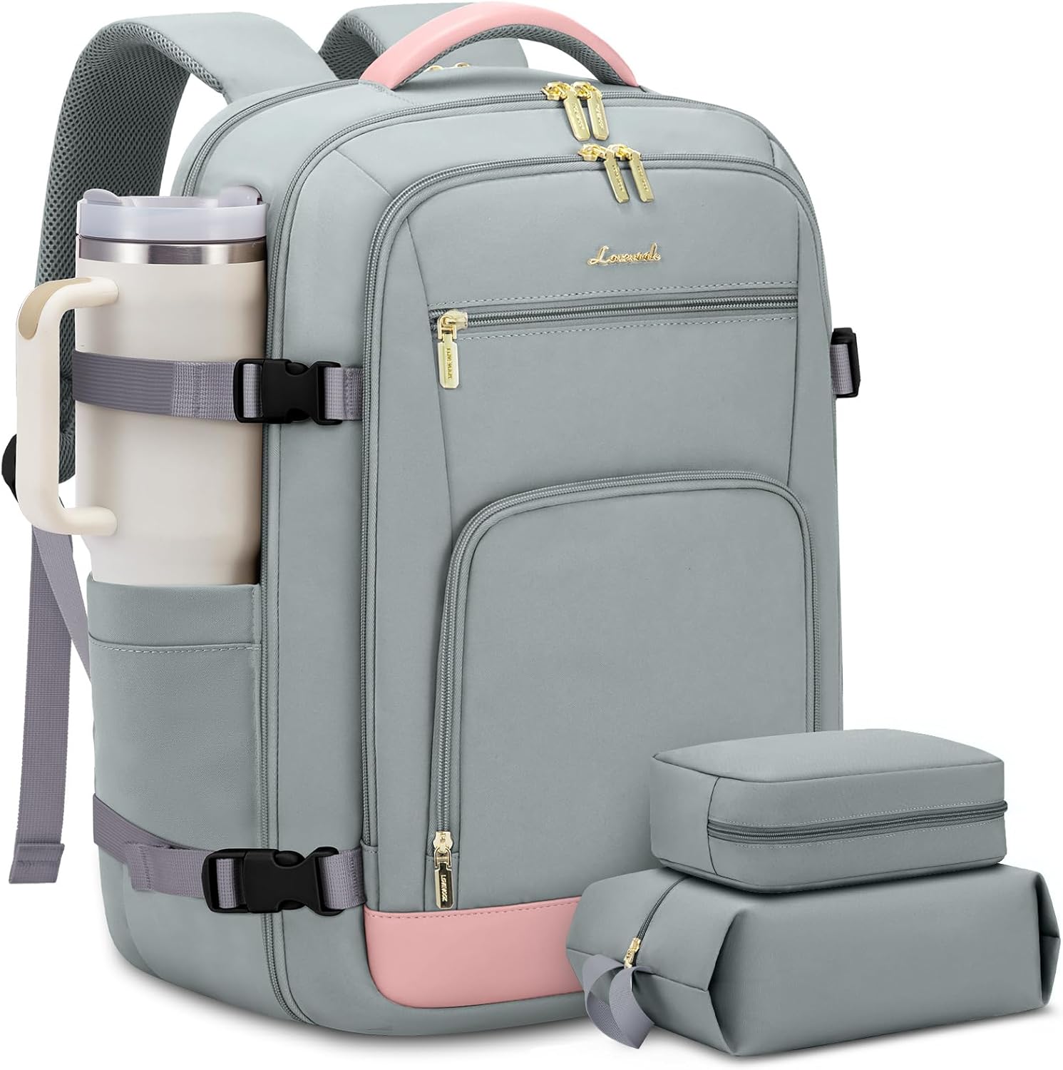 LOVEVOOK Travel Backpack For Women, 40L Carry On Backpack Flight Approved, TSA Personal Item Travel Bag Fits 17 Inch Laptop, Business Weekender Overnight Waterproof Daypack With 2 Cubes, Grey-Pink