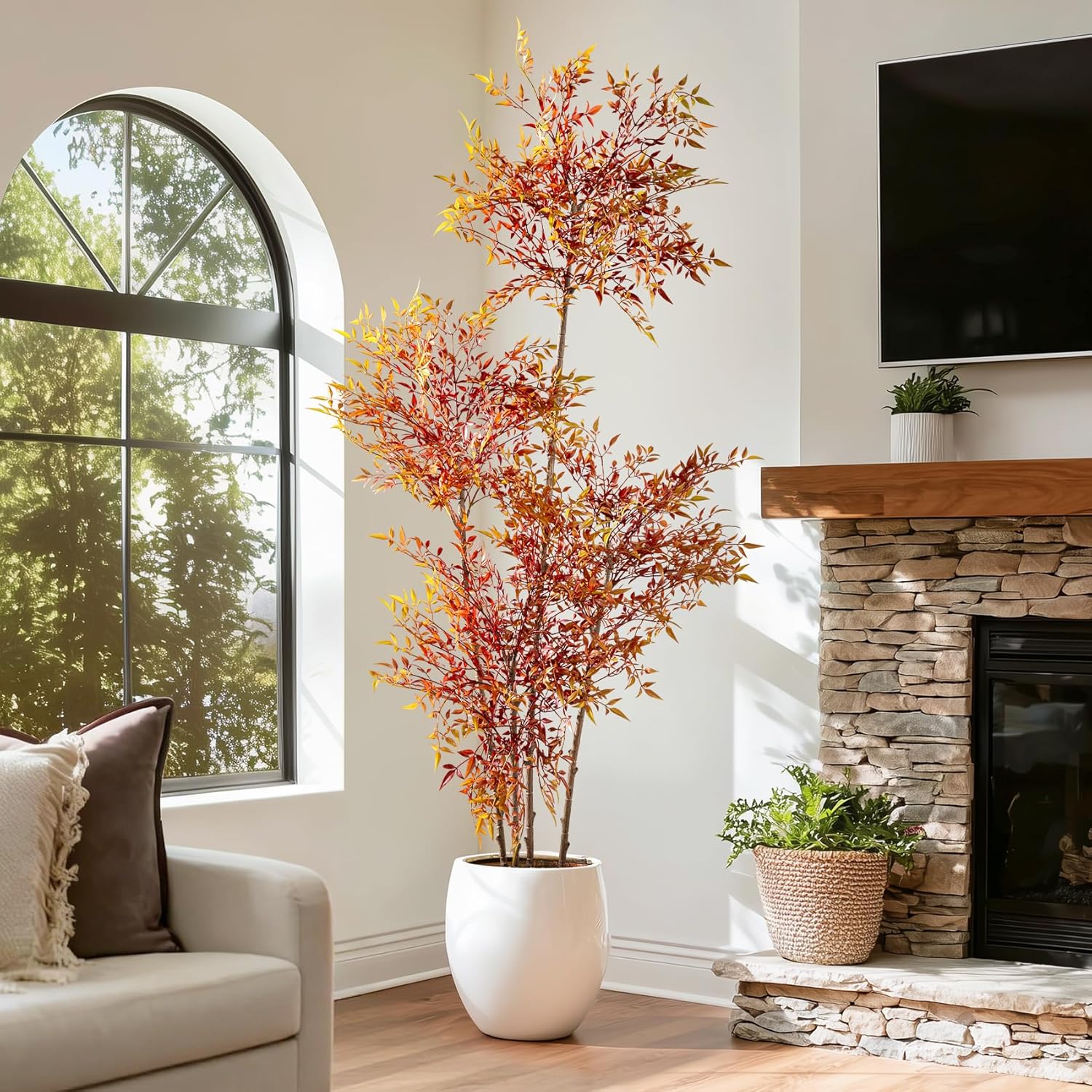 Faux Bamboo Plant Artificial Nandina Tree 7.2FT Artificial Plants Realistic 90% Better Coverage Faux Plant Bamboo Plants Faux Floor Plant in Pot for Home & Office Decor (Red, 7.2ft)