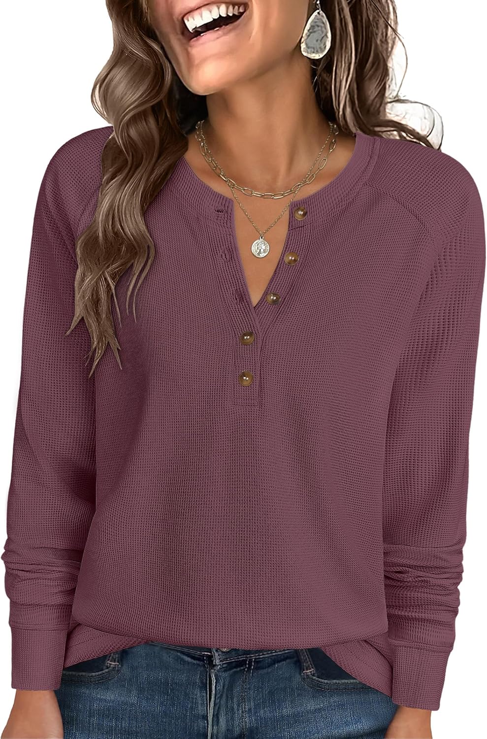 ANRABESS Women's Long Sleeve Waffle Knit Shirts Dressy Casual Loose Button Up V Neck Henley Tops 2026 Fall Basic Tee Blouse