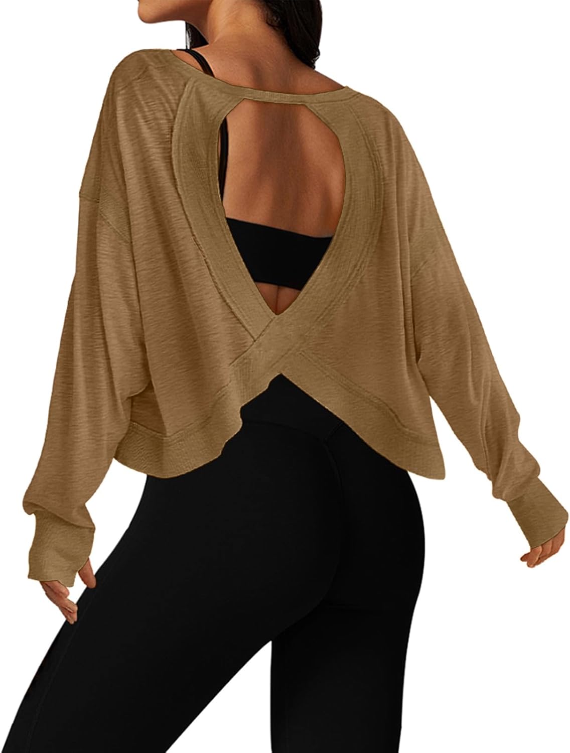 UNIANKIYA Open Back Workout Tops for Women Long Sleeve Cropped Athletic Clothes Gym Running Yoga Low Impact Sports T Shirts