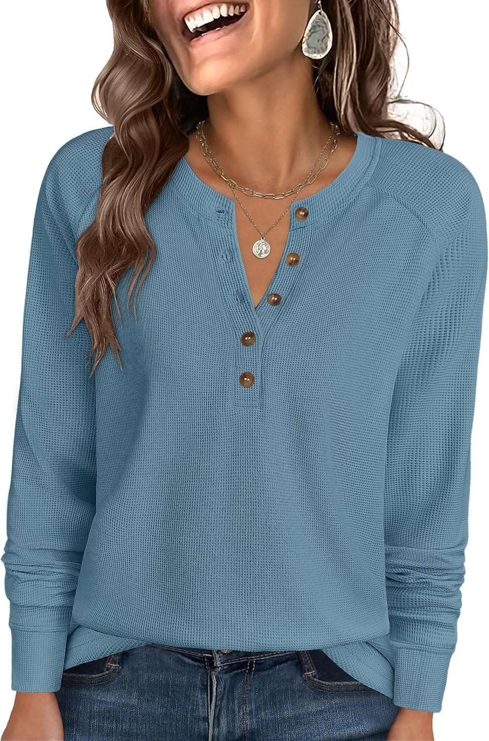 ANRABESS Women's Long Sleeve Waffle Knit Shirts Dressy Casual Loose Button Up V Neck Henley Tops 2026 Fall Basic Tee Blouse