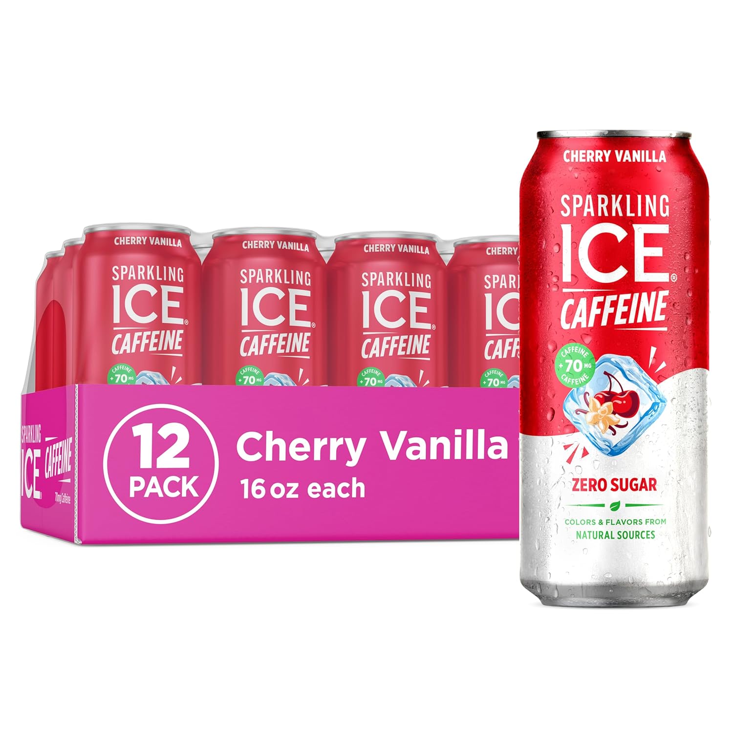 Sparkling Ice Caffeine Black Raspberry Sparkling Water with Caffeine, Zero Sugar, with Antioxidants and Vitamins,16 fl oz Cans (Pack Of 12)