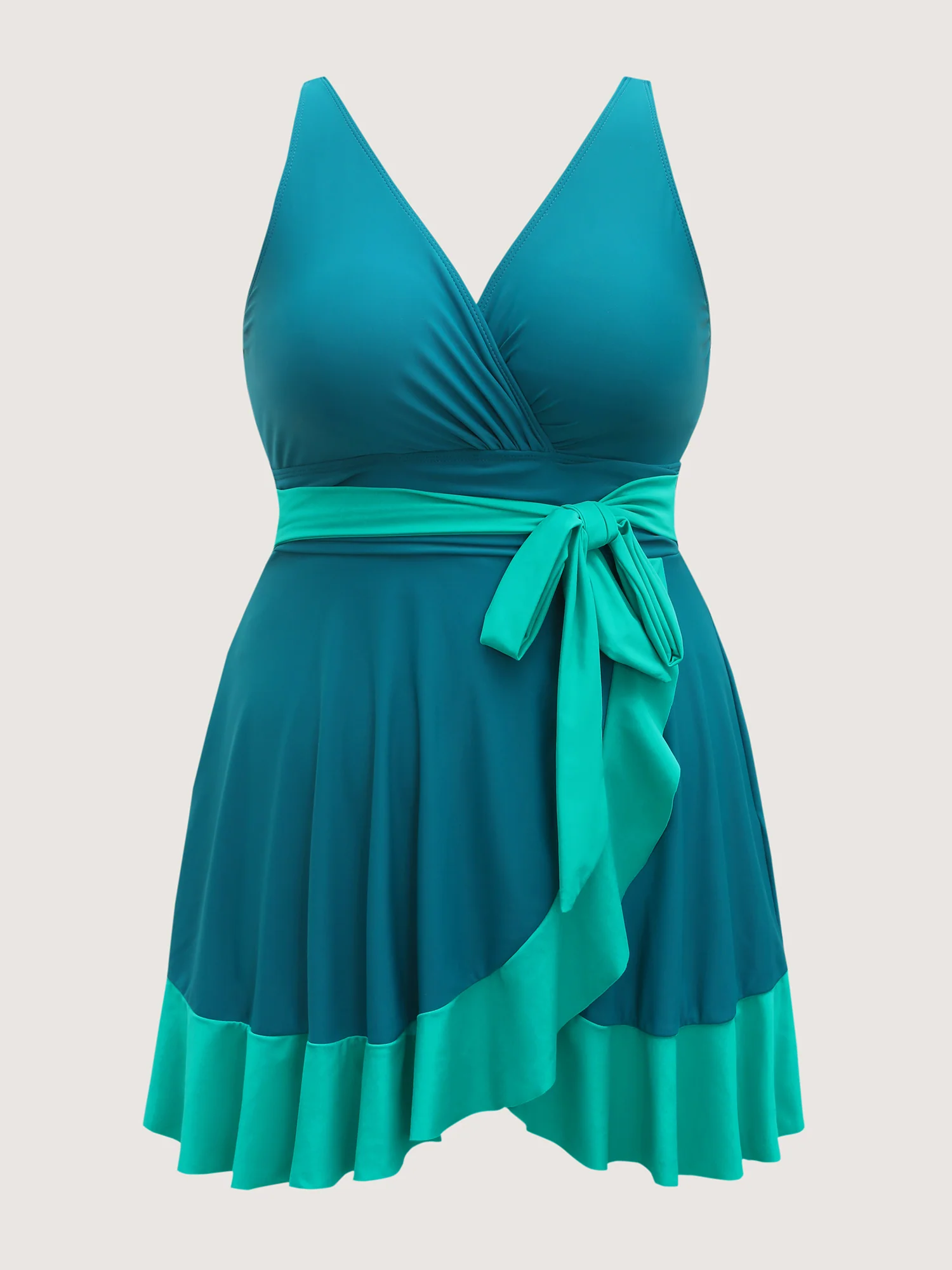 Color Block Ruffled Hem Swim Dress