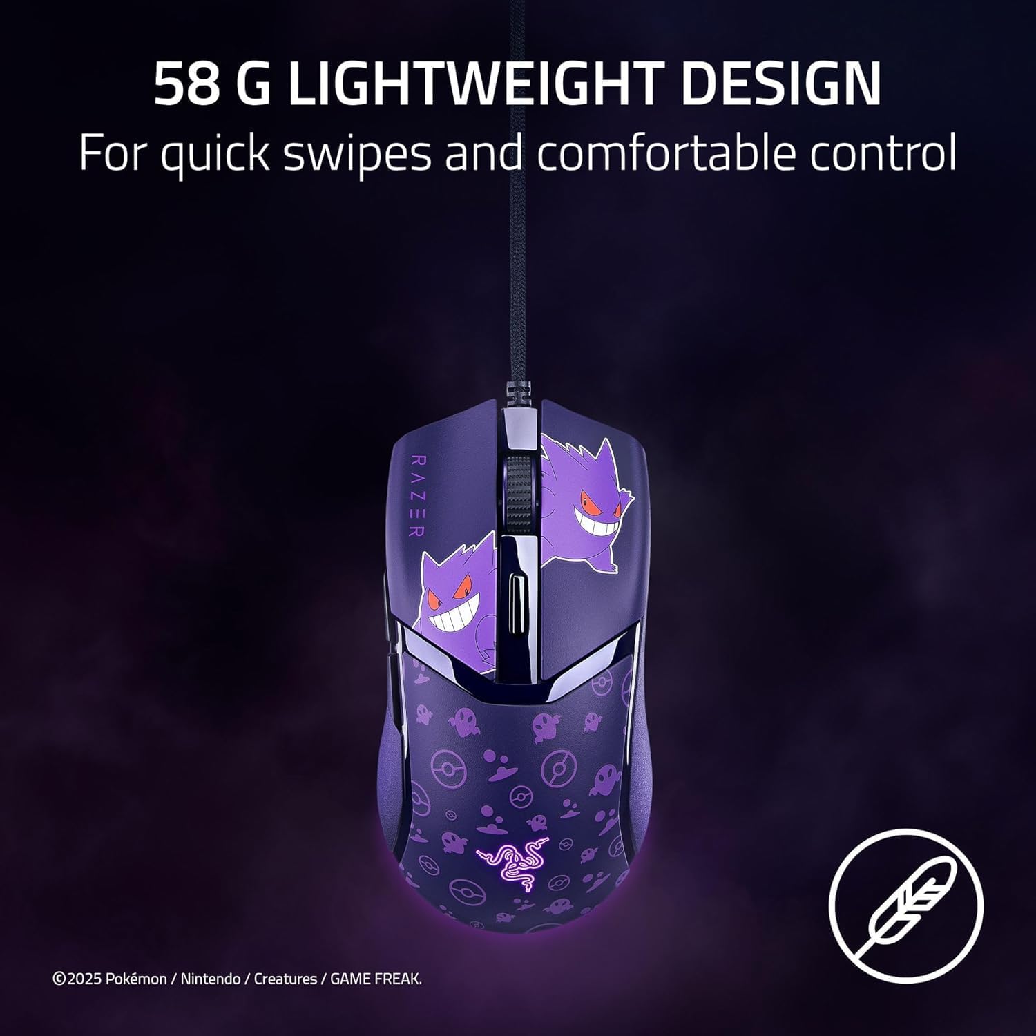 Razer Cobra Gengar Edition - Lightweight Wired Gaming Mouse - 8500 DPI Sensor - 58g - 3rd Generation Optical Mouse switches - Chroma Lighting - Speedflex Cable - PC/MAC | Pokémon Gengar