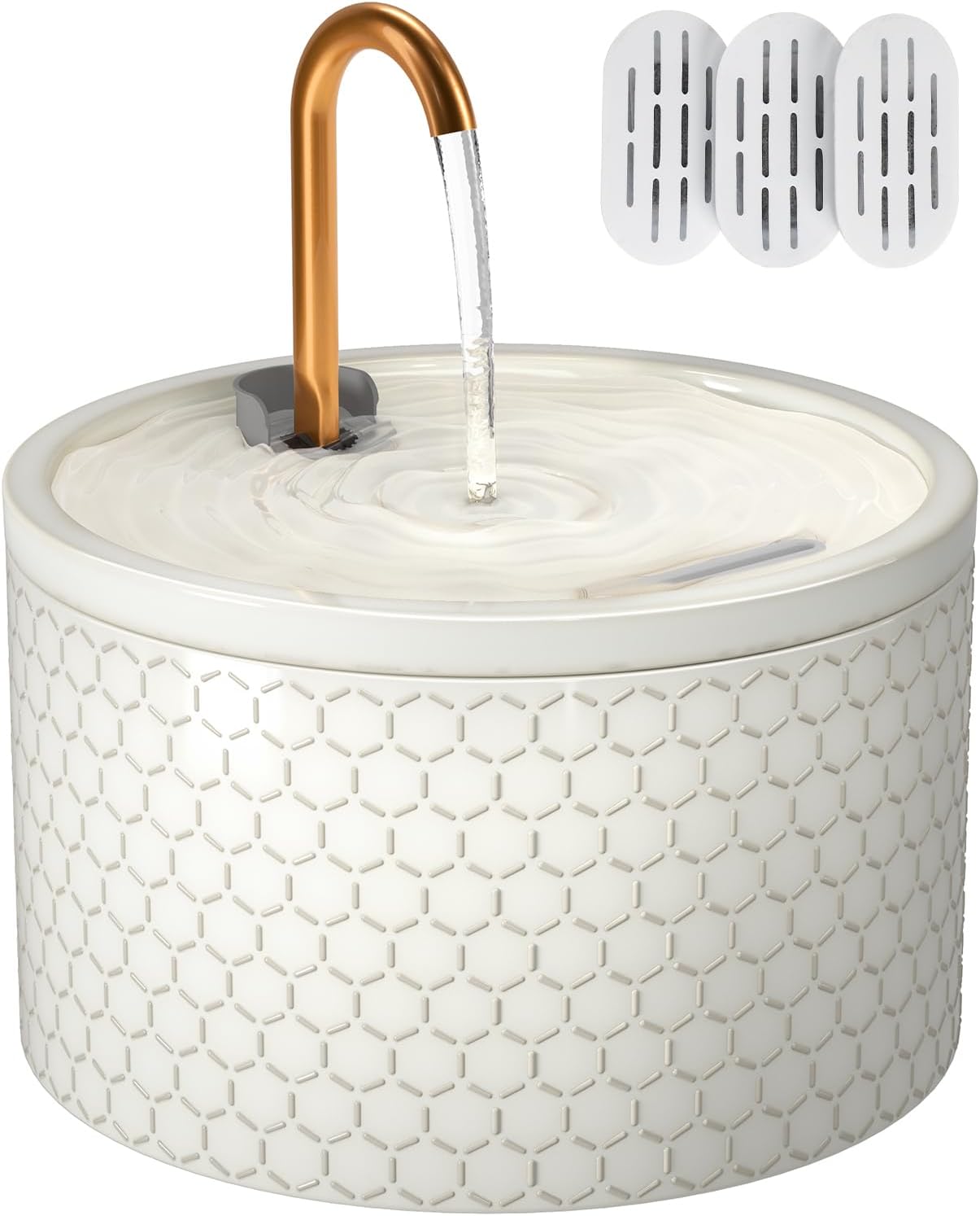 Ceramic Cat Water Fountain - 2.1L/71oz - All-Ceramic Body & Pure Copper Water Spout - Non-Toxic - Automatic Pet Drinking Fountain Indoor with Ultra-Quiet Pump, and 3Pcs Filter & Sponge (White)