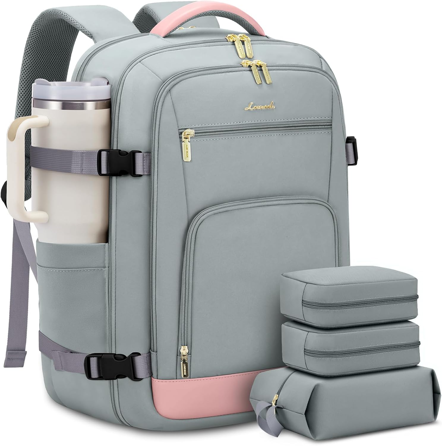 LOVEVOOK Travel Backpack For Women, 40L Carry On Backpack Flight Approved, TSA Personal Item Travel Bag Fits 17 Inch Laptop, Business Weekender Overnight Waterproof Daypack With 2 Cubes, Grey-Pink