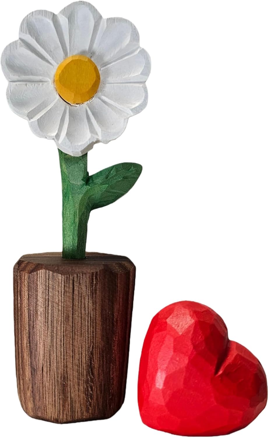 Hand-Carved Wooden Flower with Red Heart - Handcrafted Everlasting Wood Sculpture - 5th Anniversary, Valentine's Day, Birthday Gift for Her - Gift Box Included (White Daisy)