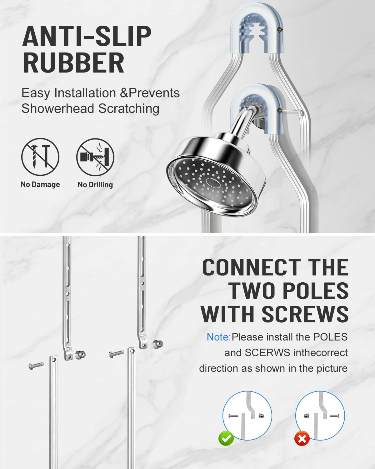 Adjustable Shower Caddy Hanging for Handheld Showerheads - Upgraded Never Rust Shower Hanging Organizer, Bathroom Shower Rack with Soap Basket, Hooks and Toothbrush Holder (Shiny Silver)