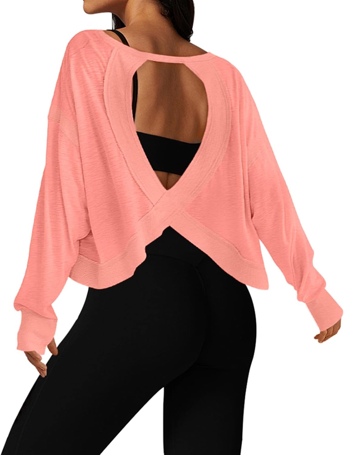 UNIANKIYA Open Back Workout Tops for Women Long Sleeve Cropped Athletic Clothes Gym Running Yoga Low Impact Sports T Shirts
