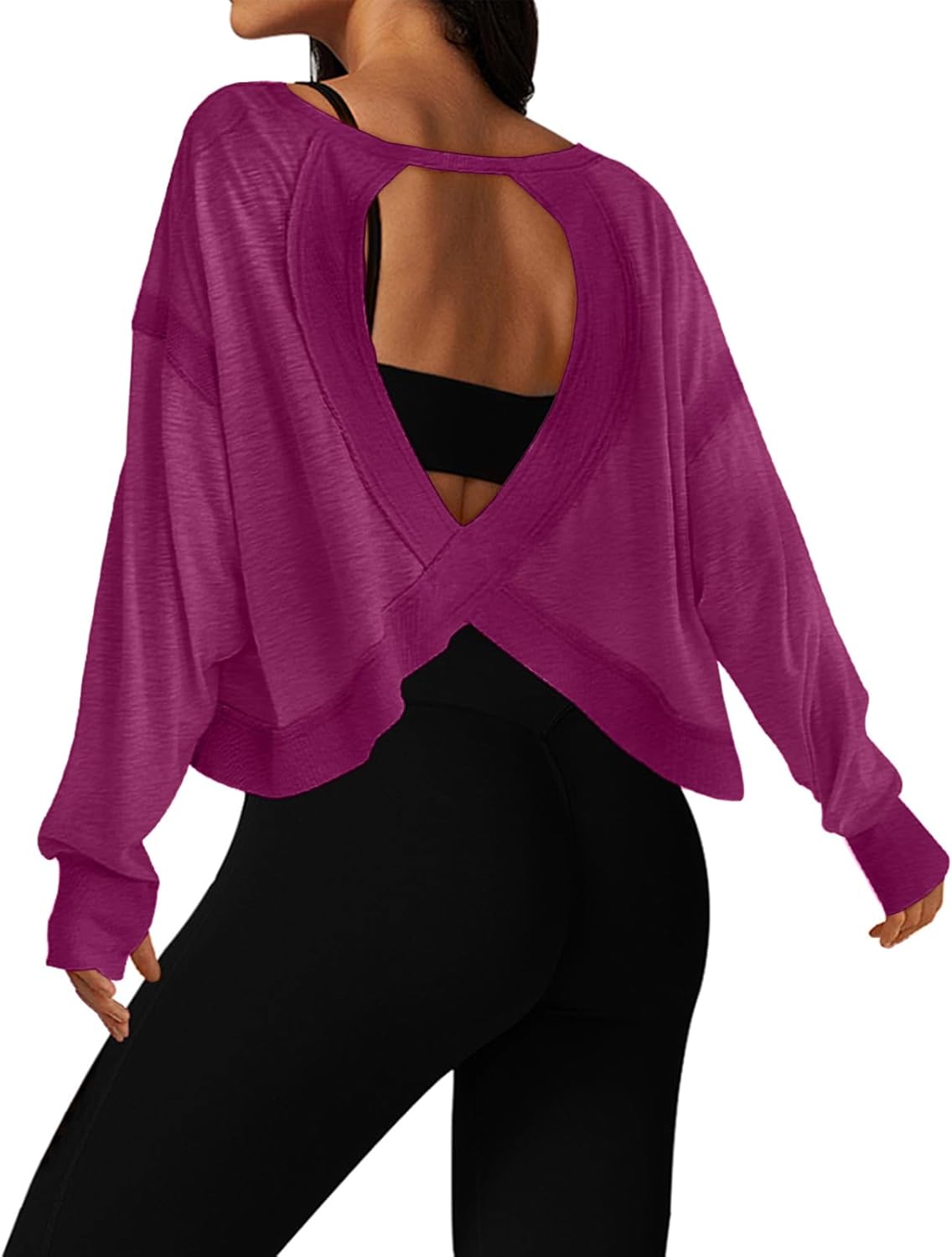 UNIANKIYA Open Back Workout Tops for Women Long Sleeve Cropped Athletic Clothes Gym Running Yoga Low Impact Sports T Shirts