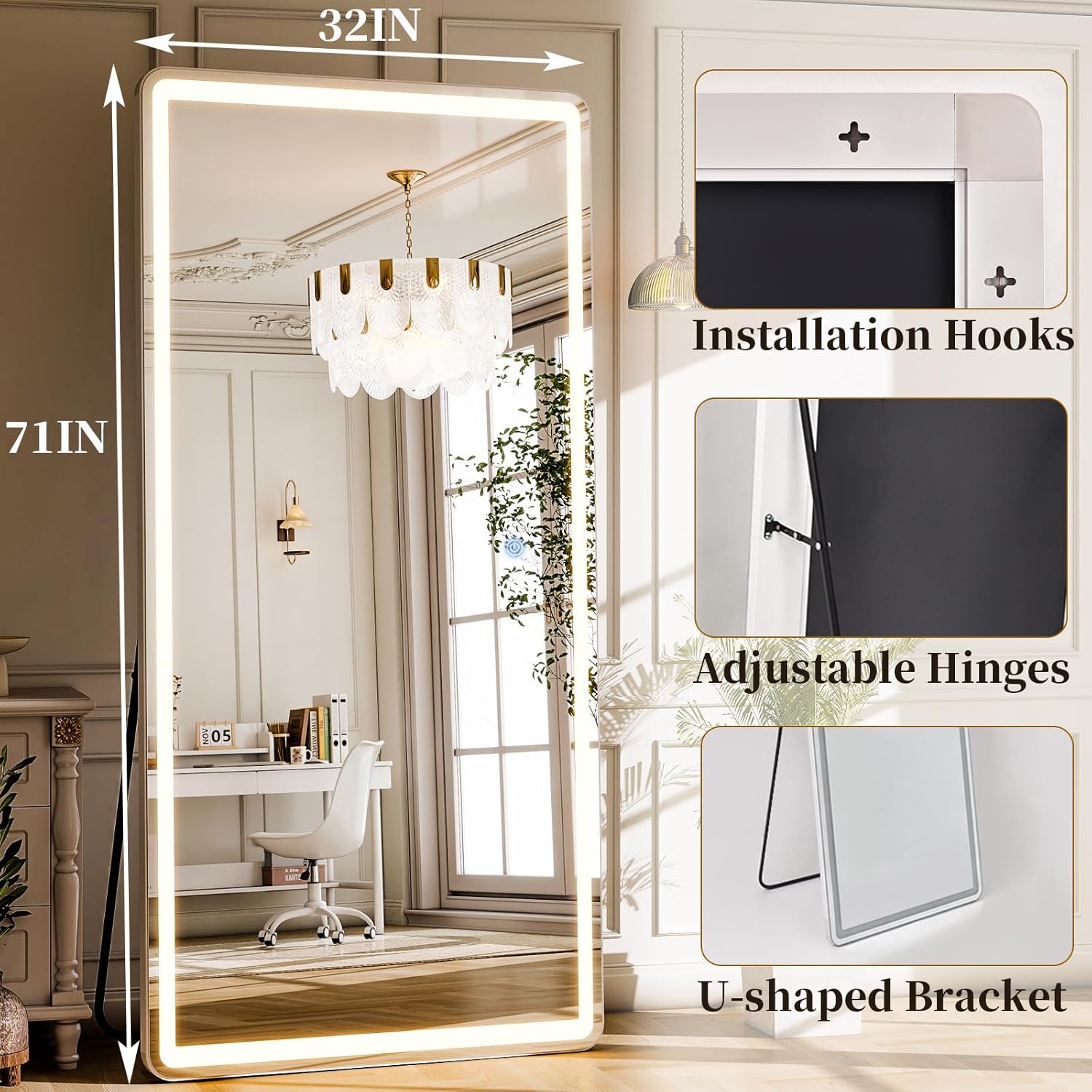 GLSLAND LED Full Length Mirror 71x32 inch Oversized Body Mirrors with Lights Wall Mounted Hanging Floor Standing Mirror for Bedroom, Living Room, Cloakroom, White