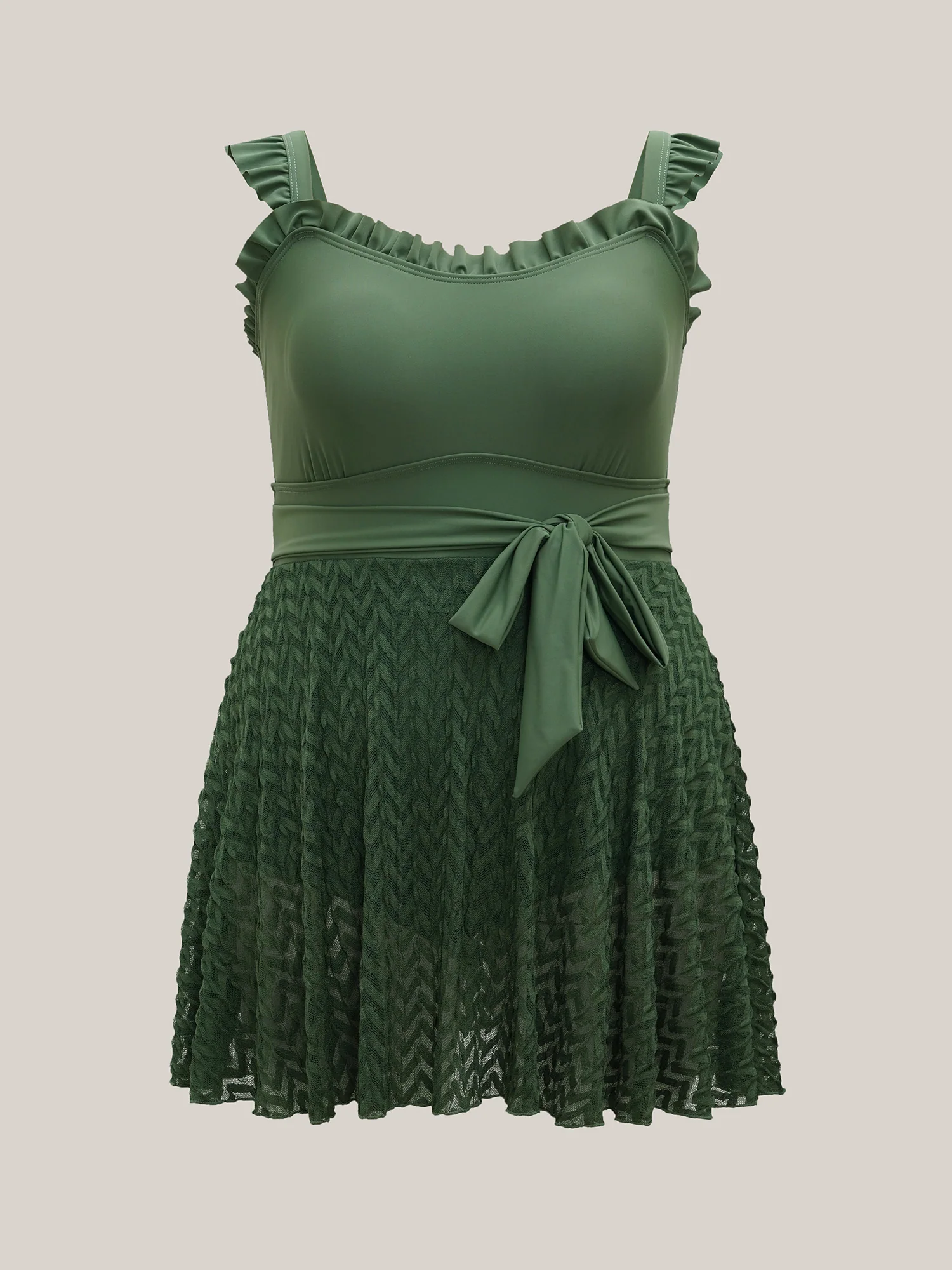 Frill Trim Belted Fit Flare Swim Dress