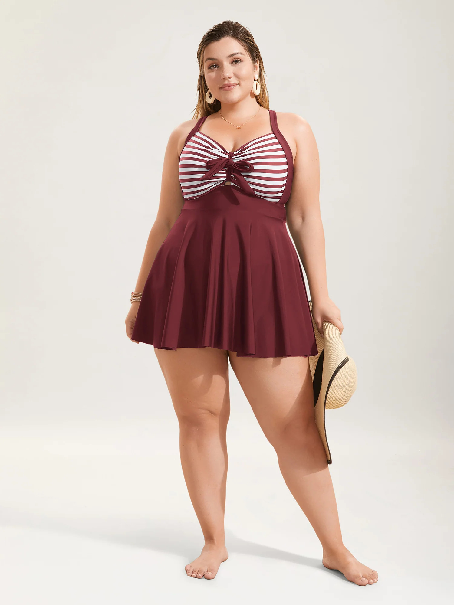 Stripes Patchwork Tie Knot Cross Straps Swim Dress