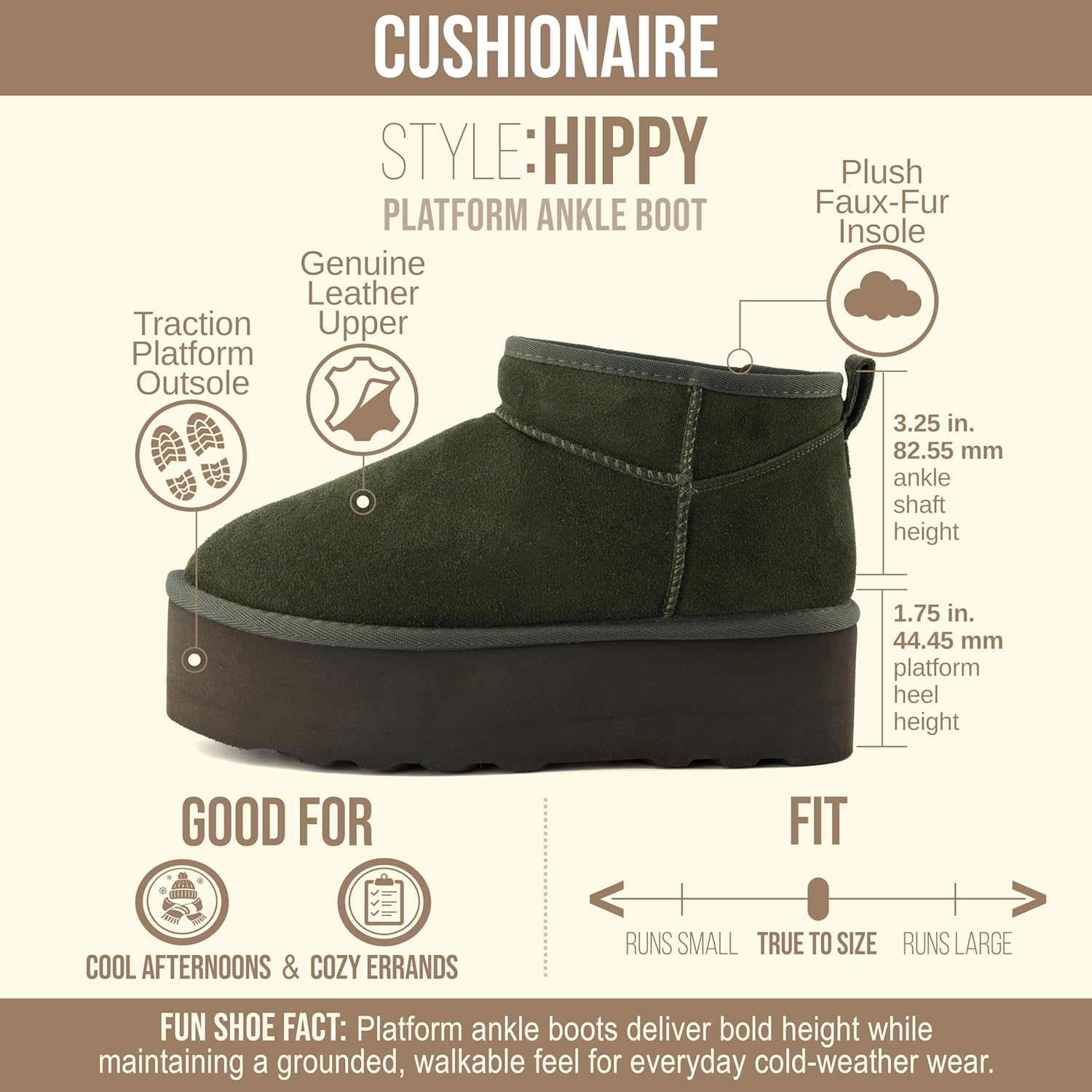 CUSHIONAIRE Hippy Women’s Platform Ankle Boots – Genuine Suede, Faux Fur Lining, Cozy Winter Slip-On Design, Comfortable Footwear with Wide Widths Available