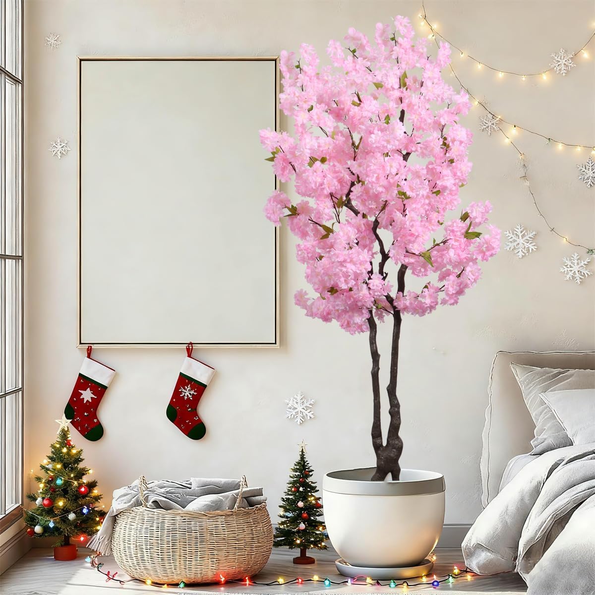 Artificial Cherry Blossom Tree 6ft Tall Indoor Faux White Flower Tree,Fake Cherry Blossom Tree for Home Office Party Wedding Decor