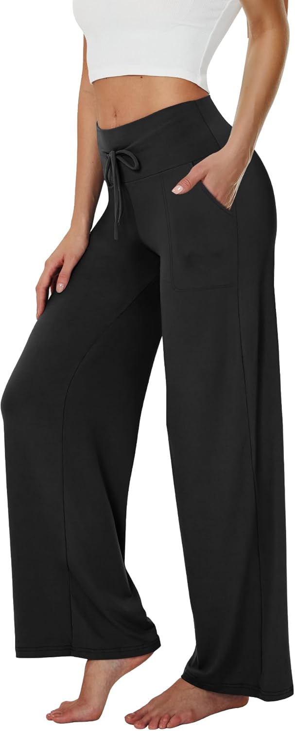 TNNZEET 3 Pack Women's Wide Leg Pants with Pockets - Casual Loose Yoga Trouser Pants Sweatpants Palazzo Lounge Pajama Pants