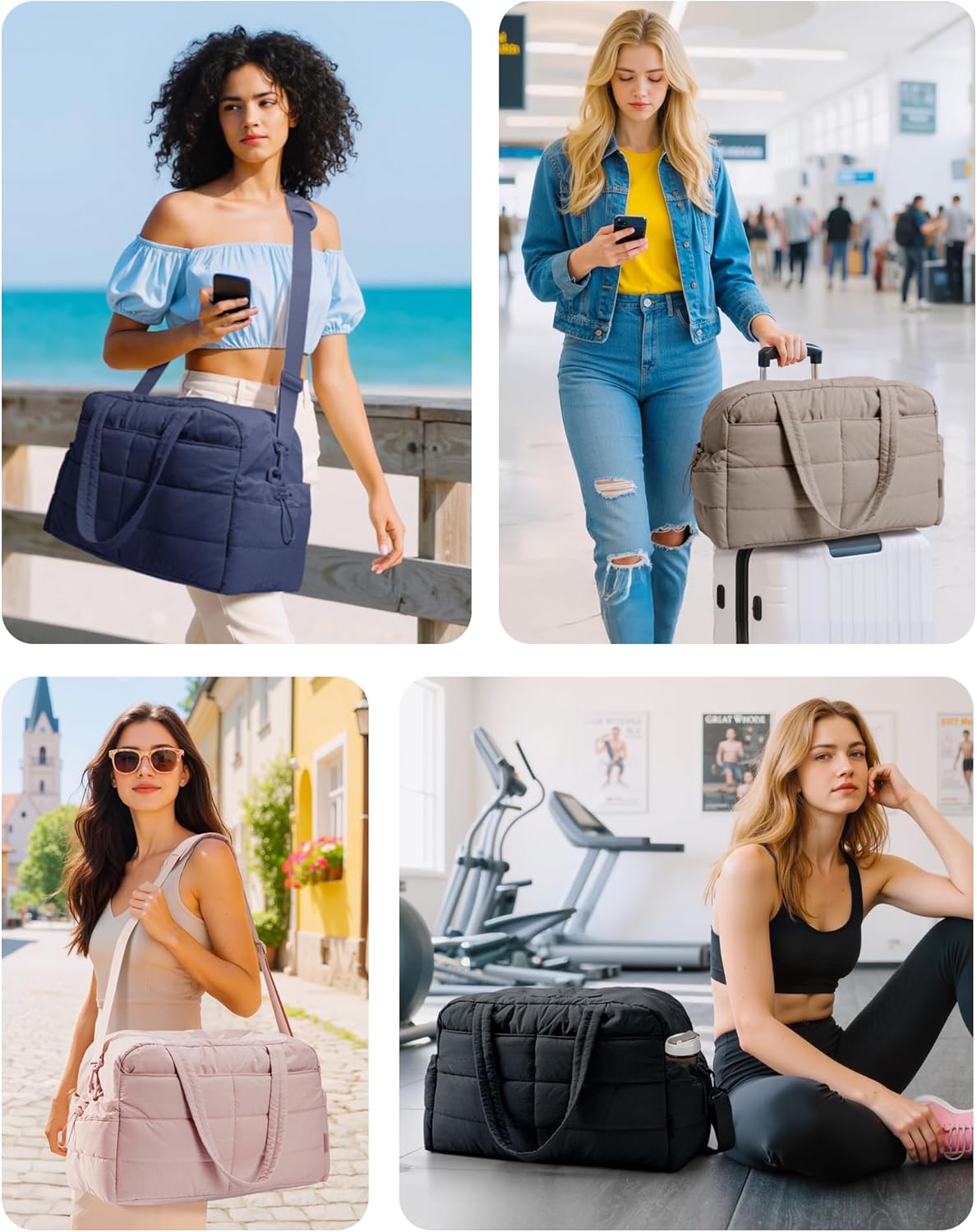 BAGSMART Gym Bag for Women, Lightweight Puffer Duffle Bag 2-PC Travel Bag, 31L Weekender Overnight Bag Quilted Carry On Tote Bag, Diaper Hospital Dance bag for Travel, Gym, Water Resistant, Pink