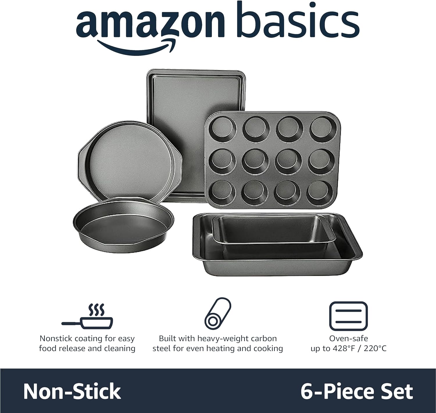 Amazon Basics 6 Piece Nonstick, Carbon Steel Oven Safe Bakeware Set with Cake, Muffin, Cookie, and Loaf Pans, 6 Piece, 16.25 x 11.75 x 6.25 inches