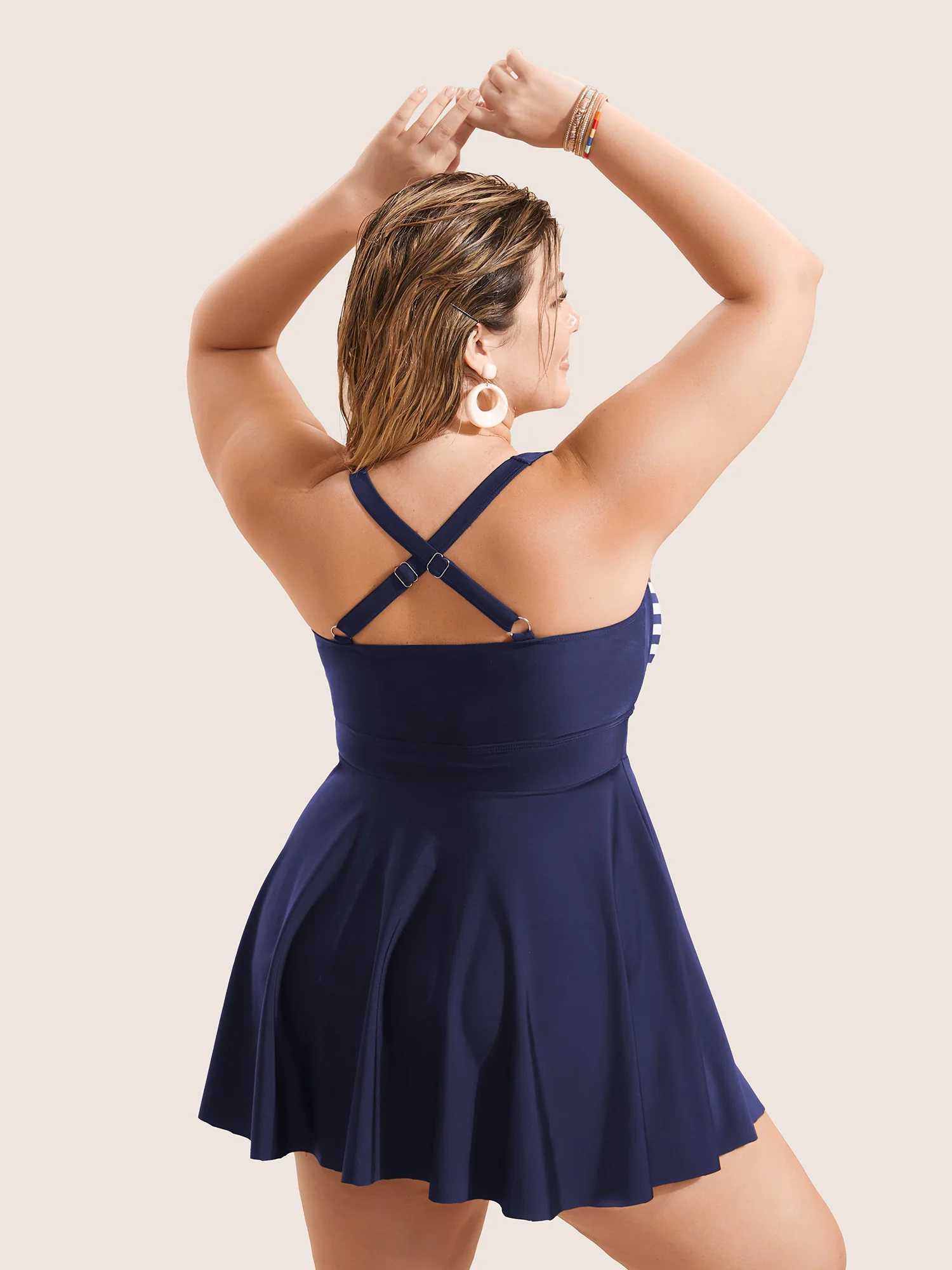 Stripes Patchwork Tie Knot Cross Straps Swim Dress