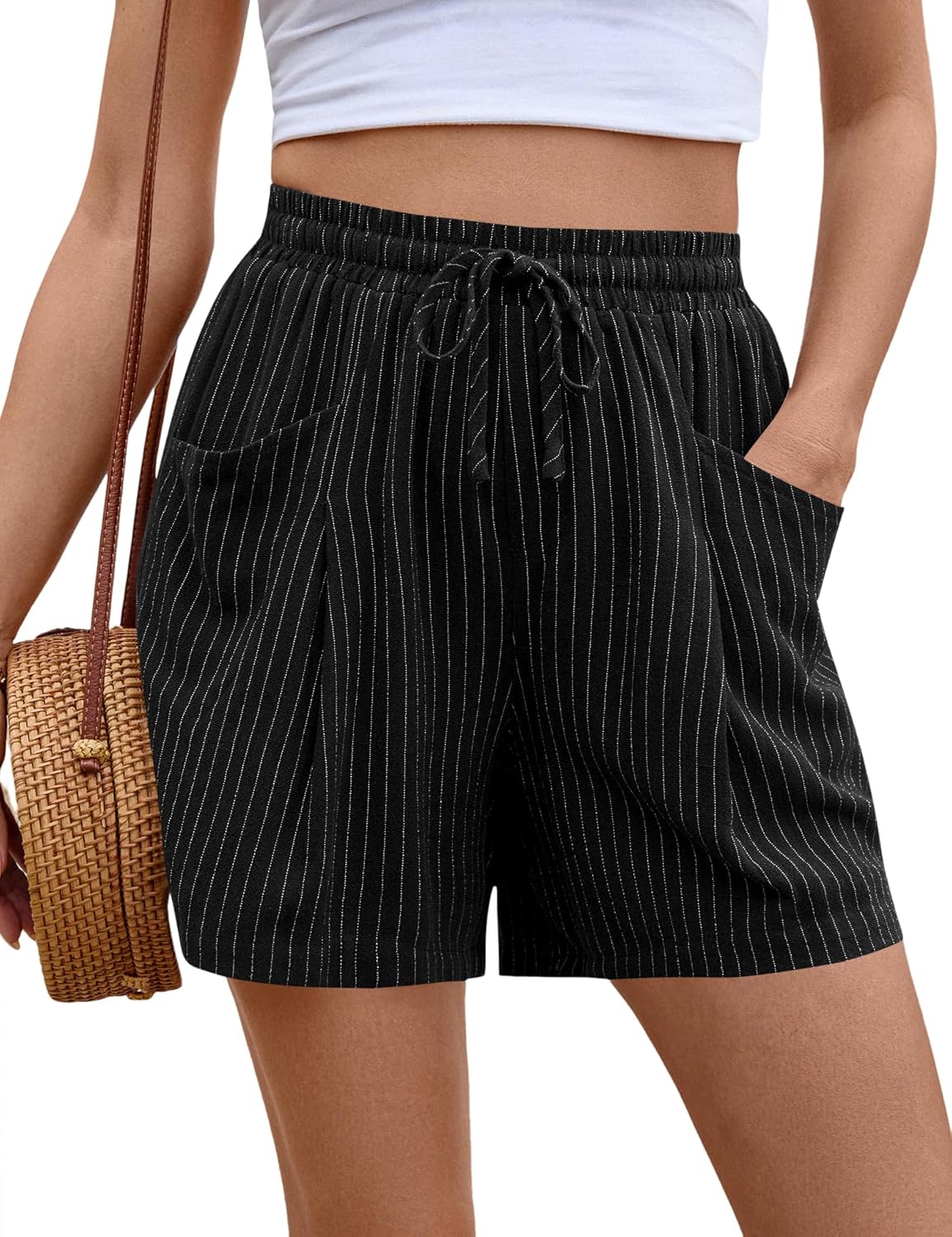 AKEWEI Linen Shorts Women Casual Wide Leg High Waisted Summer Pants Comfy Elastic Waist Drawstring Shorts with Pockets