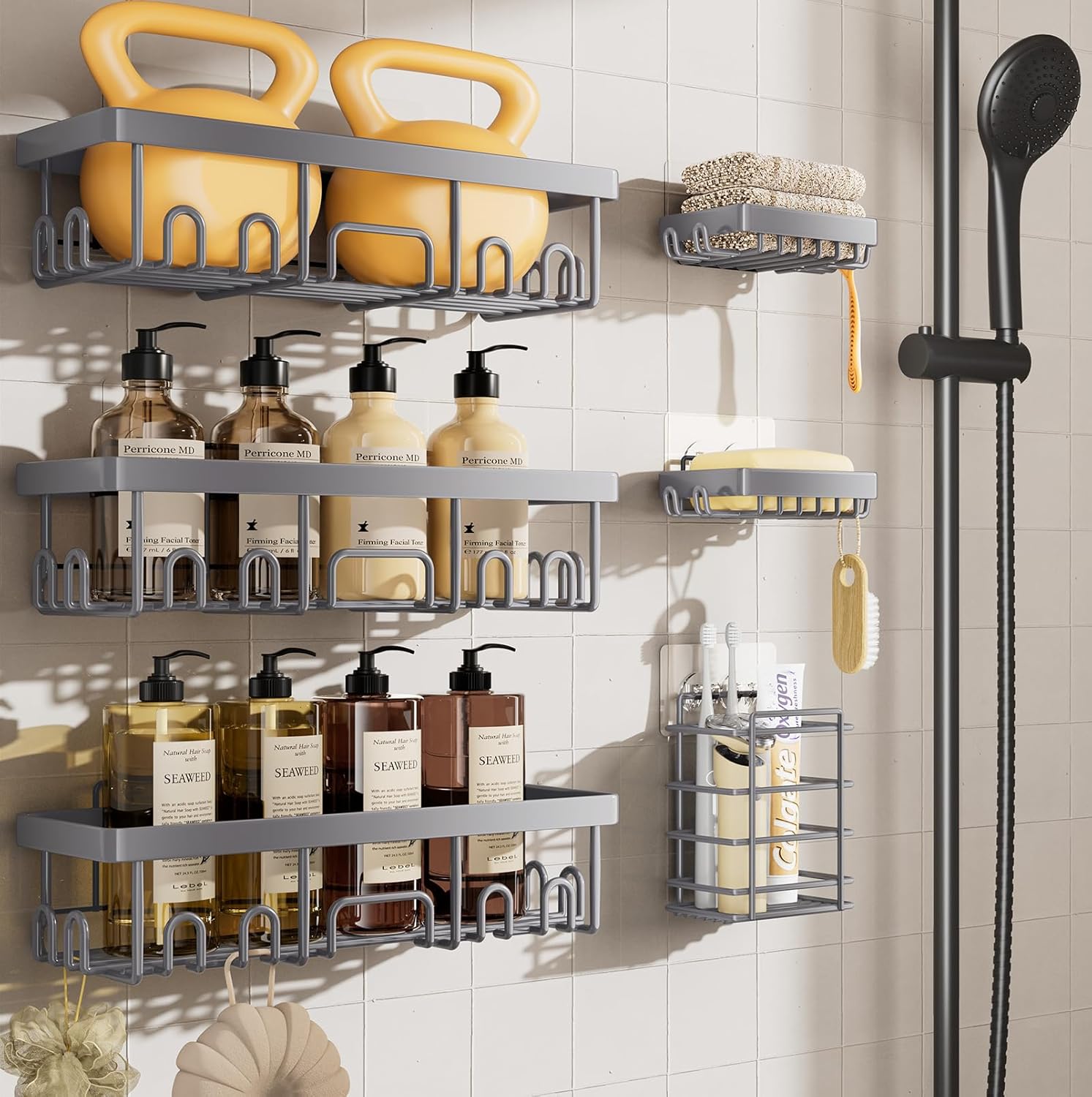 Veken Shower Caddy 6-Pack, Advanced Rustproof Design, No Drilling Adhesive Shelves, Rack with Soap Holder, Large Capacity Bathroom Organizers and Storage, Wall-Mounted Kitchen & Home Decor