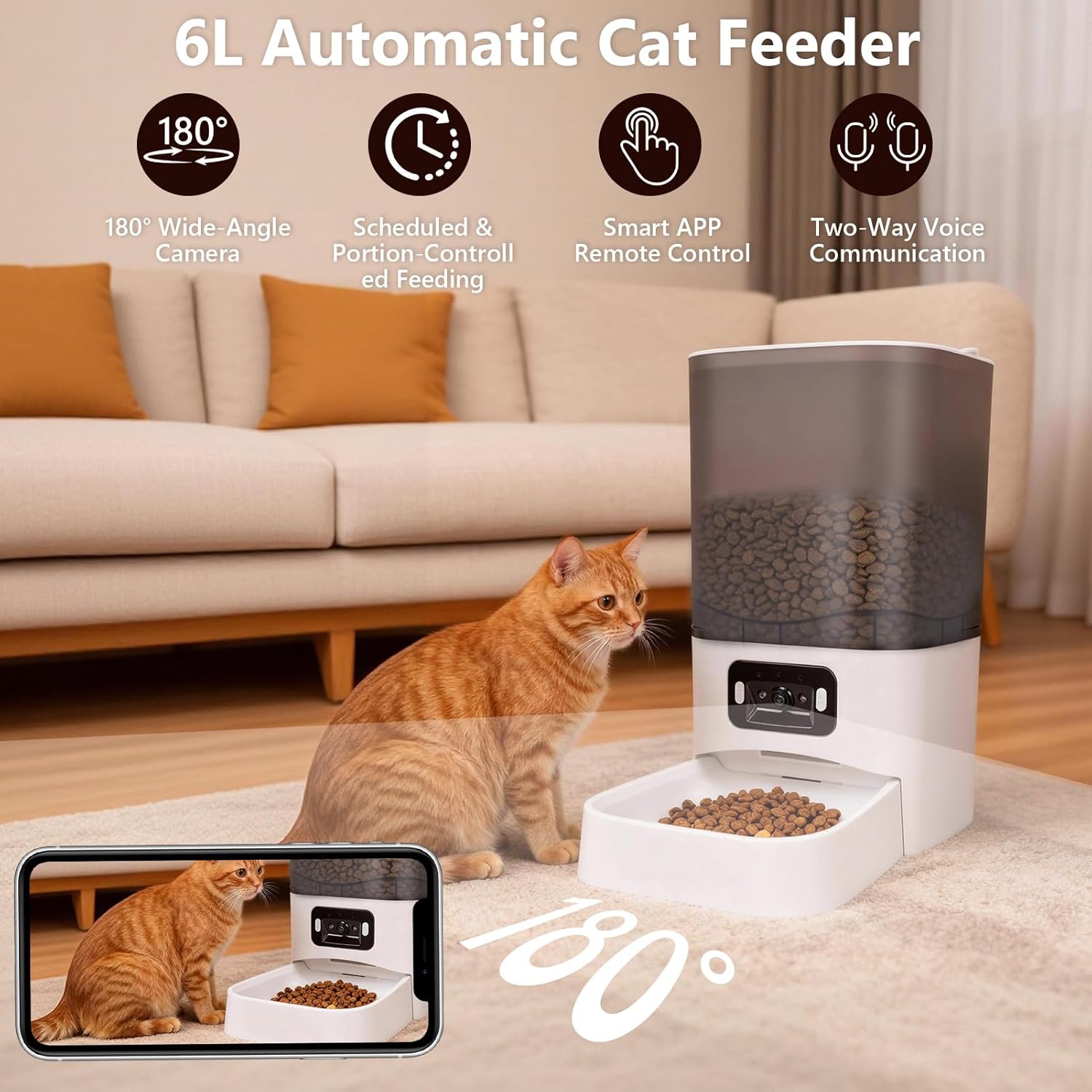 6L Automatic Cat Feeder, Cat Automatic Feeder with Camera, 180° Wide Angle 2MP & Two-Way Talk Feature & Voice Recording & 5GHz 2.4GHz WiFi