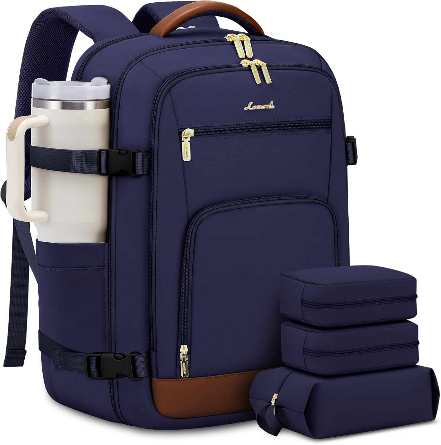 LOVEVOOK Travel Backpack For Women, 40L Carry On Backpack Flight Approved, TSA Personal Item Travel Bag Fits 17 Inch Laptop, Business Weekender Overnight Waterproof Daypack With 2 Cubes, Grey-Pink