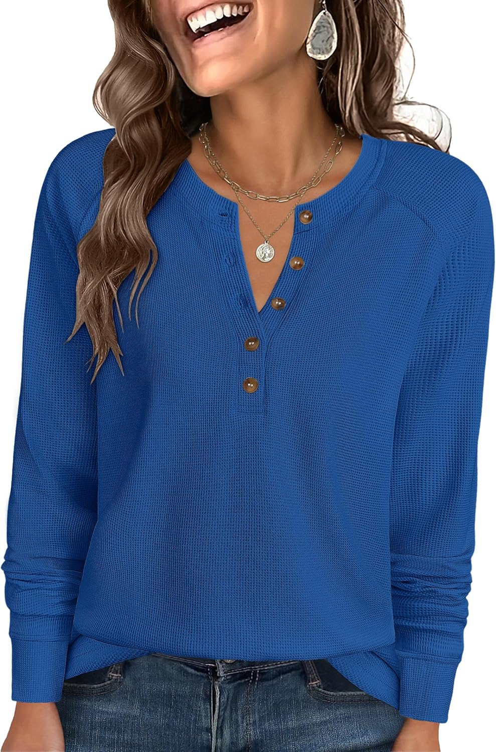 ANRABESS Women's Long Sleeve Waffle Knit Shirts Dressy Casual Loose Button Up V Neck Henley Tops 2026 Fall Basic Tee Blouse