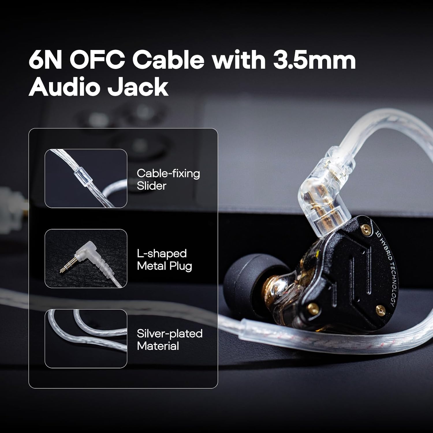 Linsoul KZ ZS10 Pro, 4BA+1DD 5 Driver in Ear Monitor, HiFi Wired Earbuds, Gaming Earbuds, Hybrid IEM Earphones with Stainless Steel Faceplate, Detachable Cable for Musician(Without Mic, Dark Black)