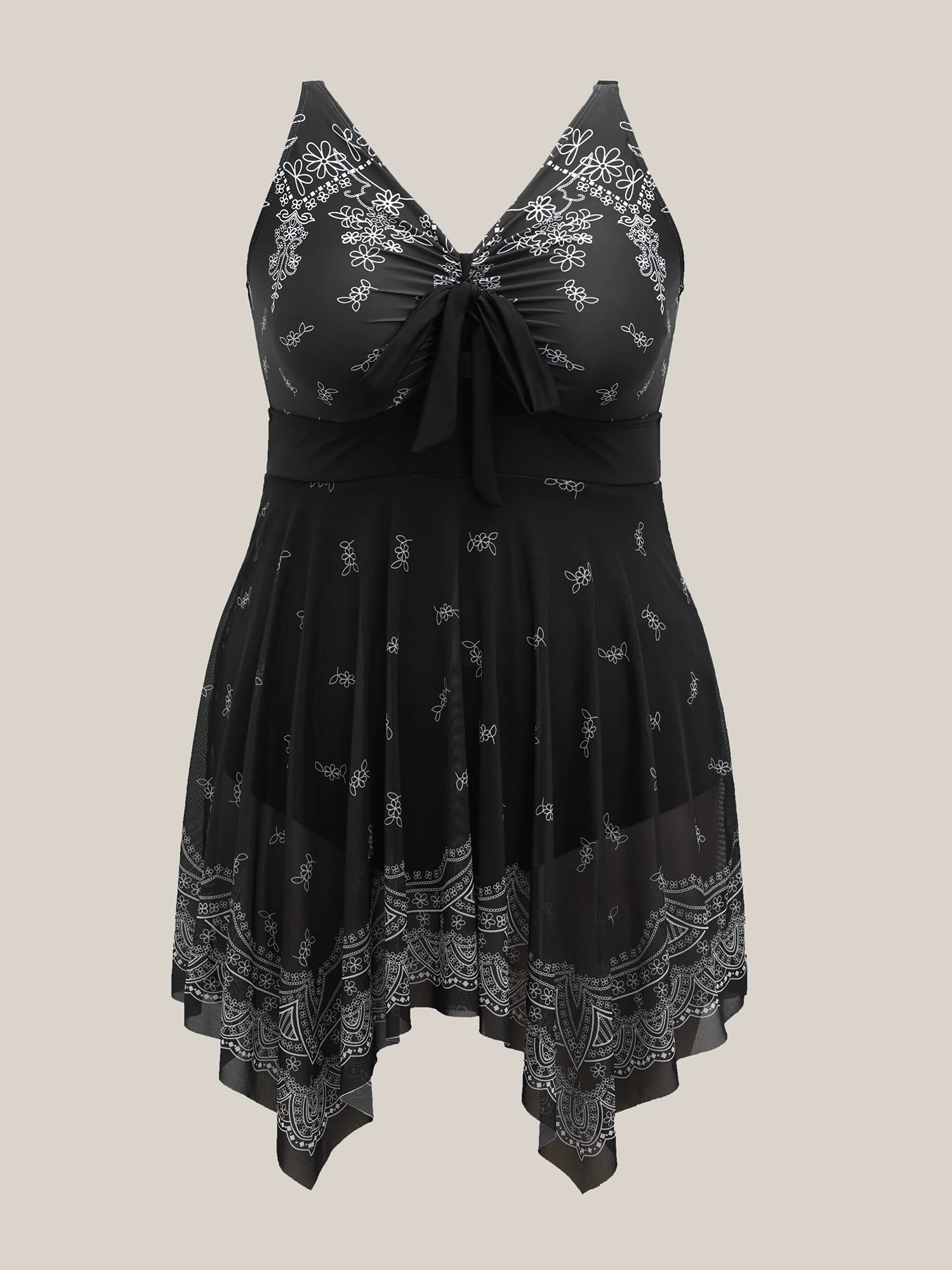 Boho Print Ruched Bow Asymmetrical Hem Swim Dress