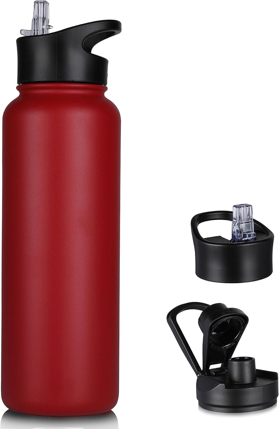 40 oz Insulated Water Bottle with Straw, Stainless Steel Sports Water Bottles with 2 Lids (Straw and Wide Mouth lid), Double Wall Vacuum, Leakproof, BPA-Free, Black