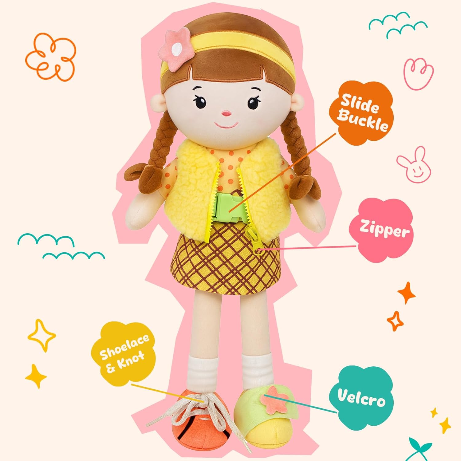 Soft Baby Doll Toys (16'') Educational Plush Doll for Girls Learning Sensory Montessori Toy Birthday Cuddly Plush Toys for Toddler Kids (Yellow)