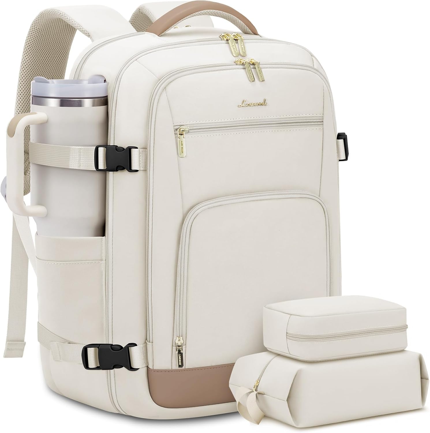 LOVEVOOK Travel Backpack For Women, 40L Carry On Backpack Flight Approved, TSA Personal Item Travel Bag Fits 17 Inch Laptop, Business Weekender Overnight Waterproof Daypack With 2 Cubes, Grey-Pink