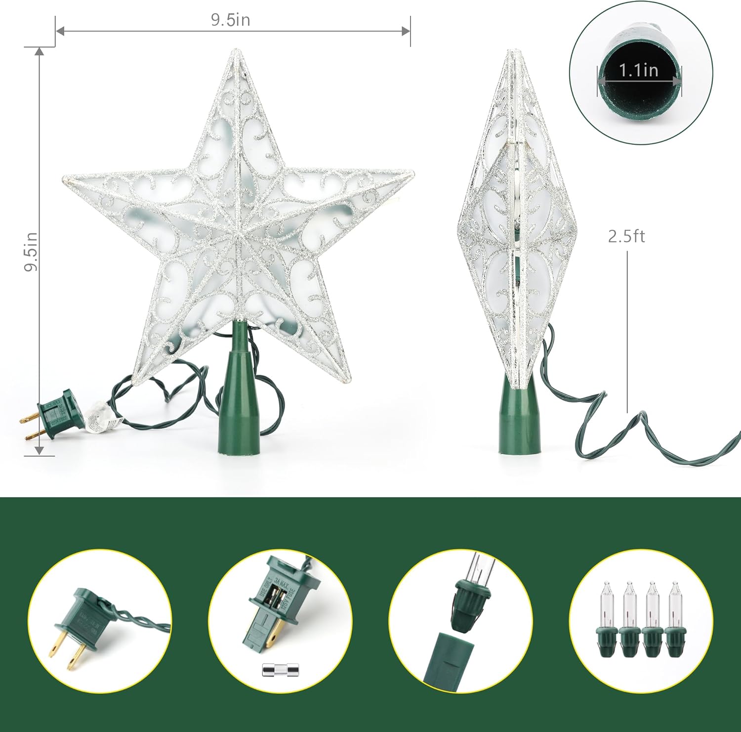 Brizled 9.5” Christmas Star Tree Topper, Glittered Silver Treetop, 3D Christmas Tree Topper with 10 Lights, UL Certified Lighted Xmas Star Topper for Xmas Holiday Home Decorations