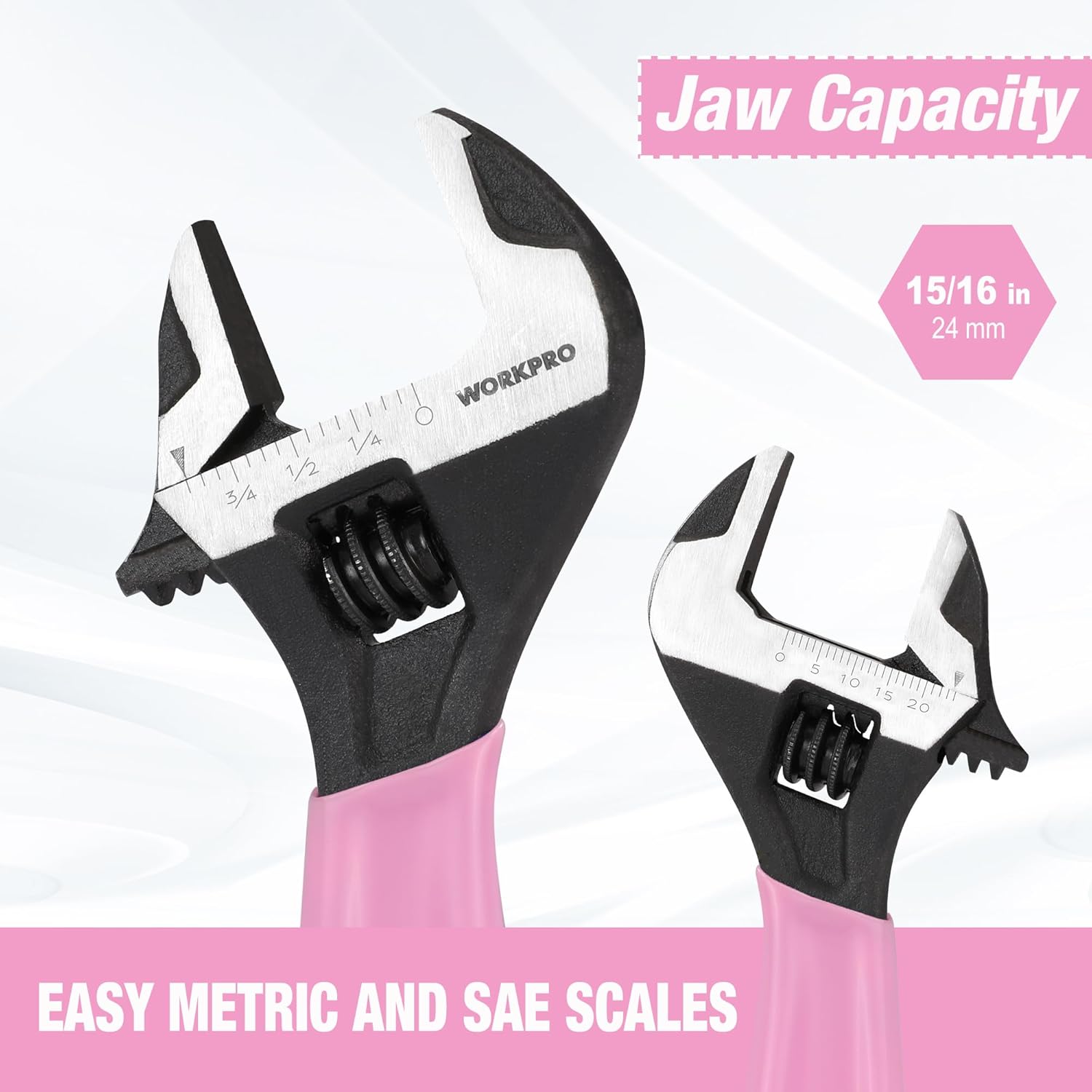 WORKPRO 6-Inch Pink Adjustable Wrench, Cr-V Steel, Wide Jaw Black Oxide Wrench, Metric & SAE Scales, for Home, Garage, Workshop and DIY-Pink Ribbon