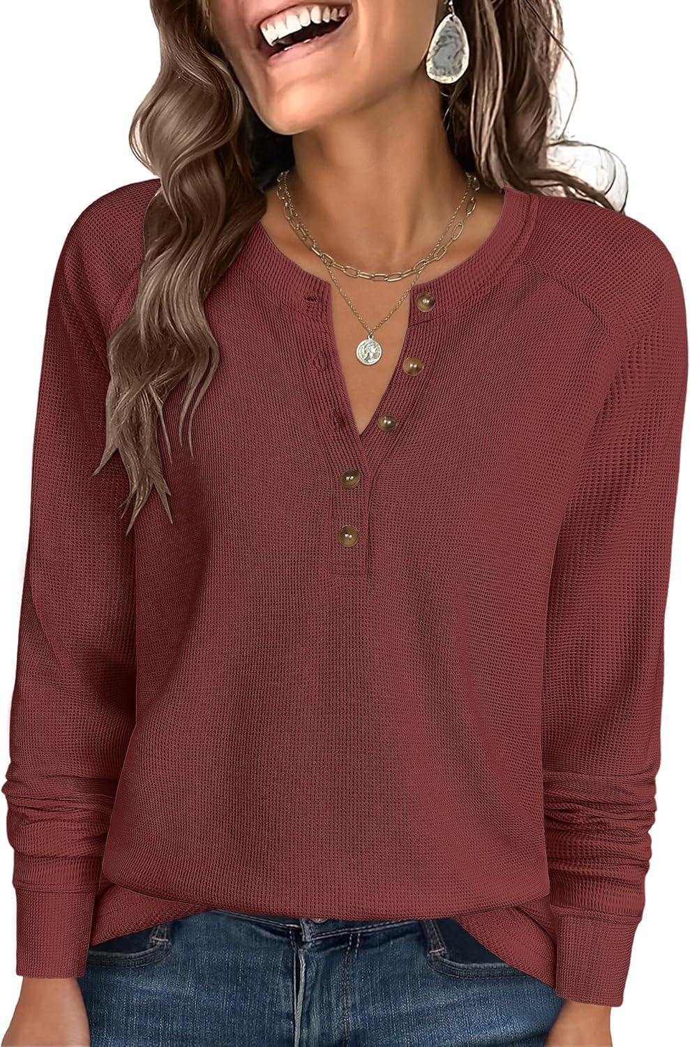 ANRABESS Women's Long Sleeve Waffle Knit Shirts Dressy Casual Loose Button Up V Neck Henley Tops 2026 Fall Basic Tee Blouse