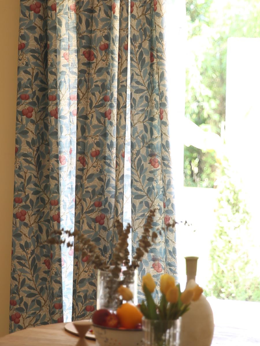Boho Linen Curtains for Living Room - 60% Blackout Farmhouse Floral Patterned Pinch Pleat Curtains, Blue Burgundy on Beige, 72 Inches Long, 1 Panel, W72 x L72