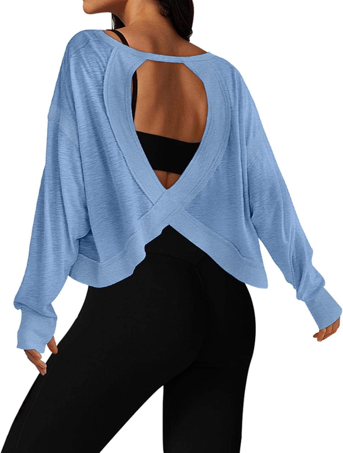 UNIANKIYA Open Back Workout Tops for Women Long Sleeve Cropped Athletic Clothes Gym Running Yoga Low Impact Sports T Shirts
