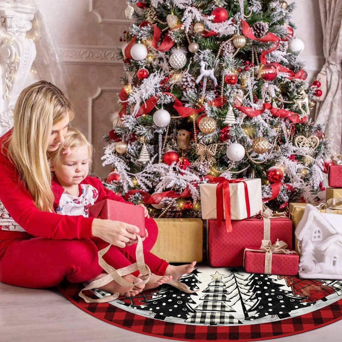 Christmas Tree Skirt 48 Inch, Red and Black Buffalo Plaid Xmas Tree Skirt, Winter Christmas Tree Mat for Home Party Holiday Indoor Outdoor Decorations