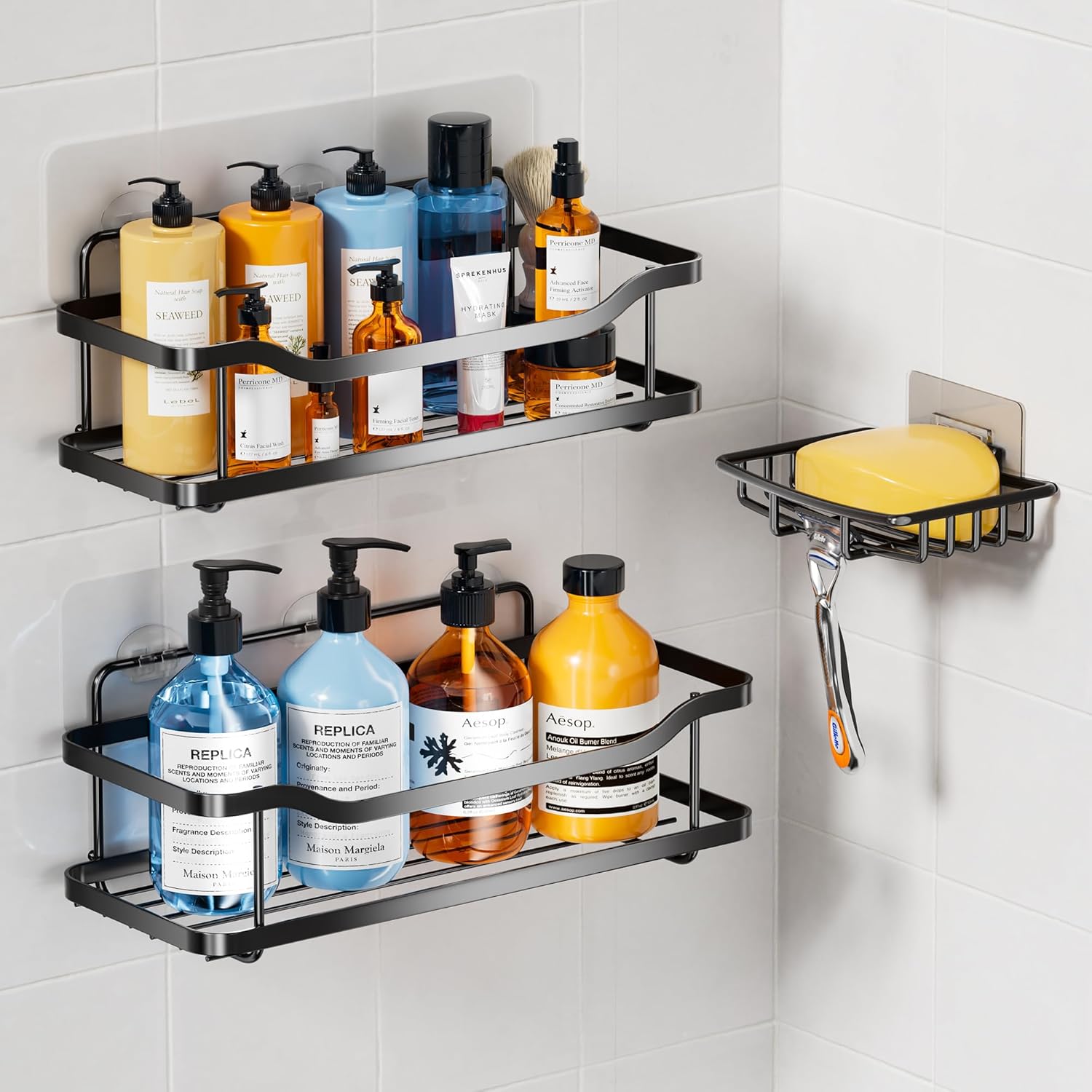 OMAIRA 3-Pack Shower Caddy with Soap Holder, Adhesive Rustproof No-drill Strudy Loading Inside Shower Organizer Shelves Rack Storage Bathroom Organization for Smooth Wall Glass Tile, Black (Large)