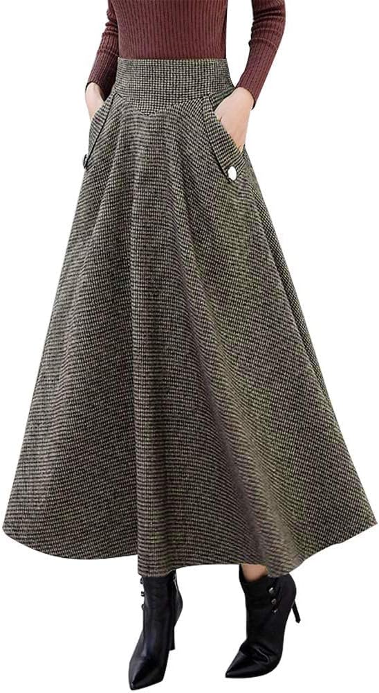 IDEALSANXUN Women’s Fall Winter High Waisted Wool Plaid A-line Long Skirt