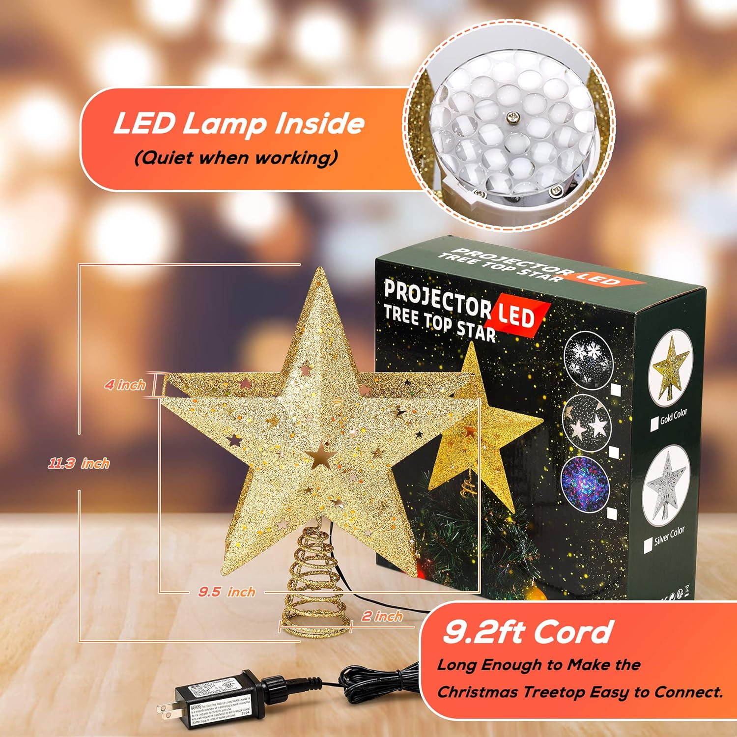 IPOW LED Snowflake Projector Star Christmas Tree Topper, 11.3'' Golden Glittered Star Treetop Lighted Rotating Snow Flake for Christmas Tree Decoration, Ideal as LED Night Light Projector for Children