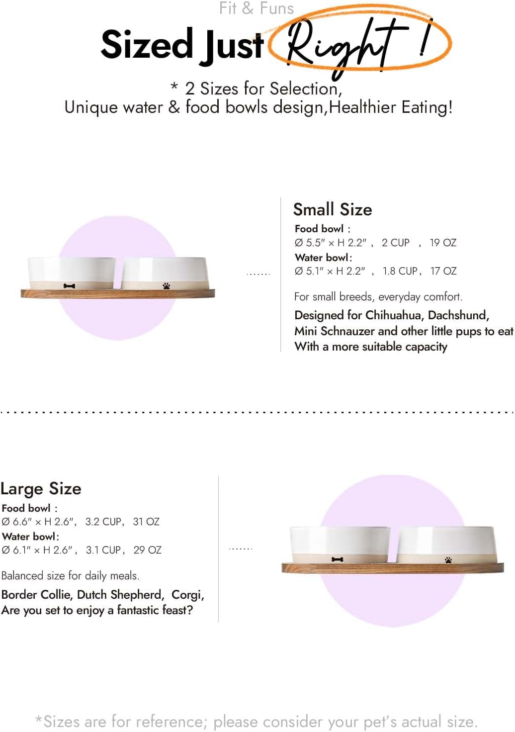 LE TAUCI PET Ceramic Dog Bowls for Medium Small Dogs - 3.2 Cup Medium Dog Food and Water Bowls with Acacia Wood Tray, Dual Food and Water Bowls with Weighted Non-Slip Base