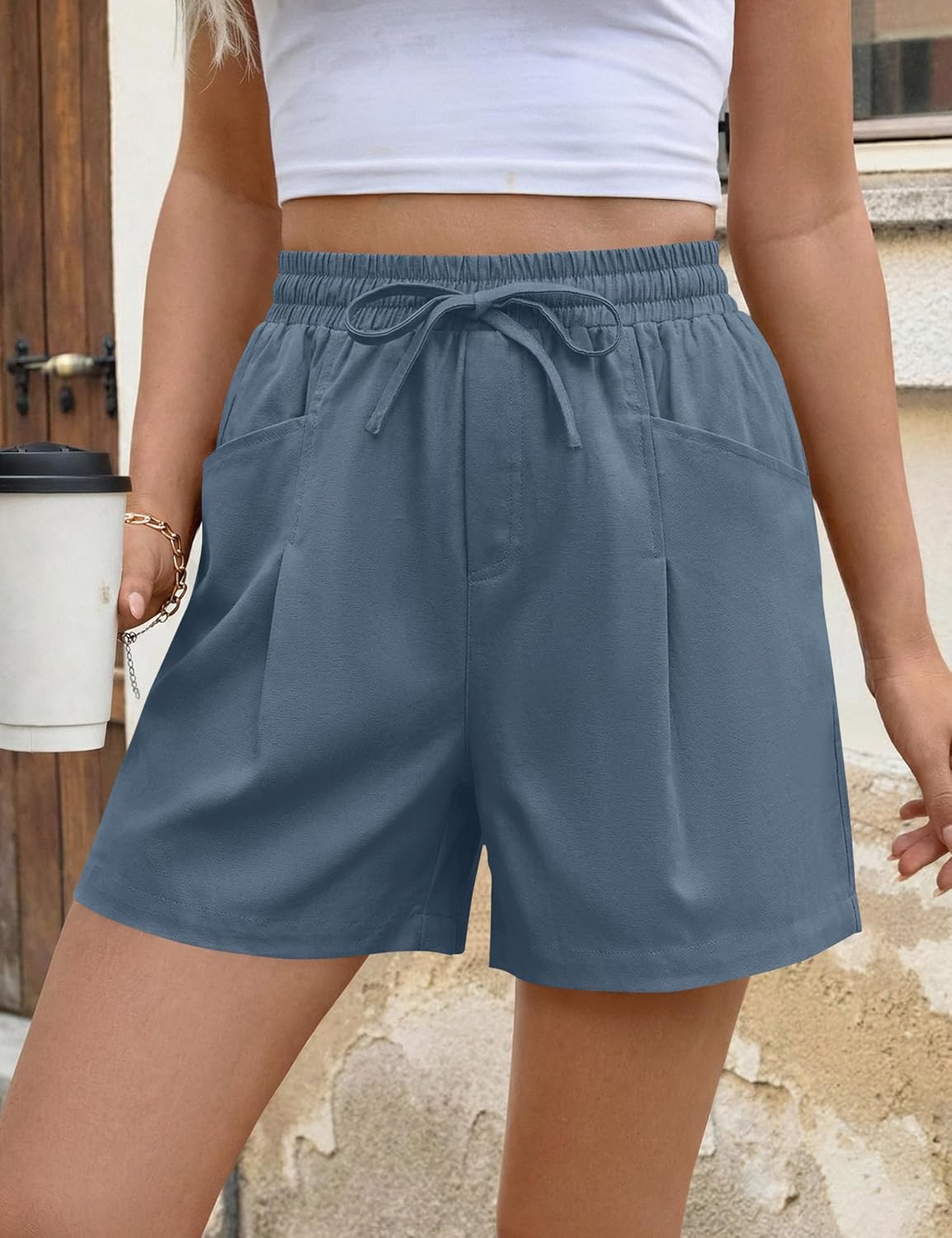 AKEWEI Linen Shorts Women Casual Wide Leg High Waisted Summer Pants Comfy Elastic Waist Drawstring Shorts with Pockets