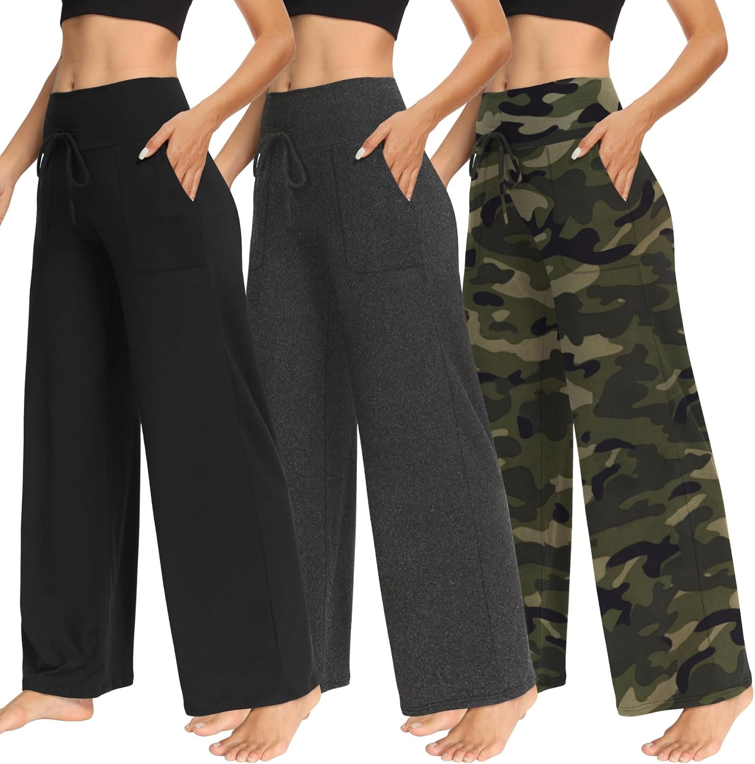 TNNZEET 3 Pack Women's Wide Leg Pants with Pockets - Casual Loose Yoga Trouser Pants Sweatpants Palazzo Lounge Pajama Pants