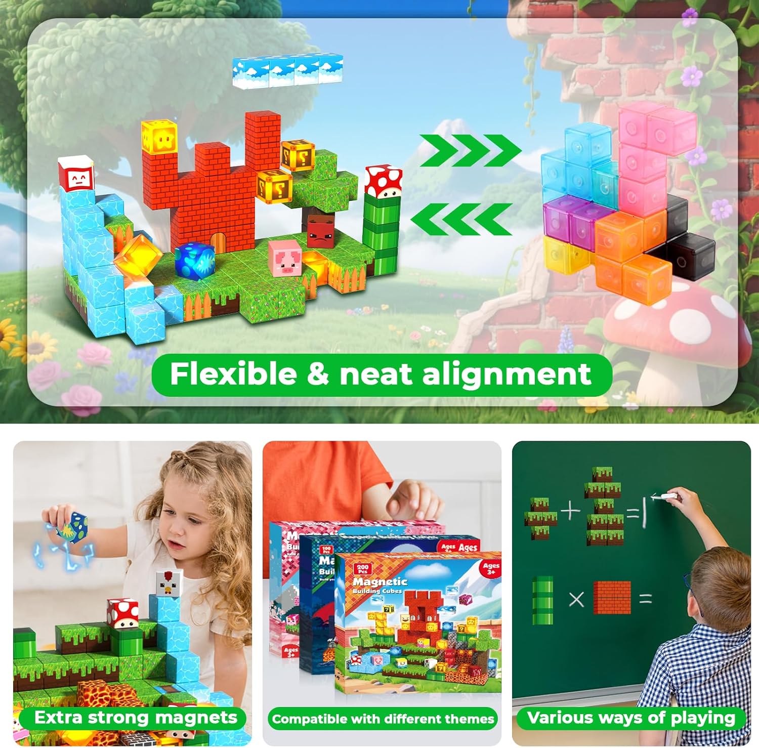 200PCS Magnetic Blocks with Light Blocks - Magnetic Blocks for Kids Ages 4 5 6 7 8, Magnetic Building Cubes, Magnetic Building Block, Christmas Birthday Gifts for 3-10 Years Old Boy Girls, STEM Toy